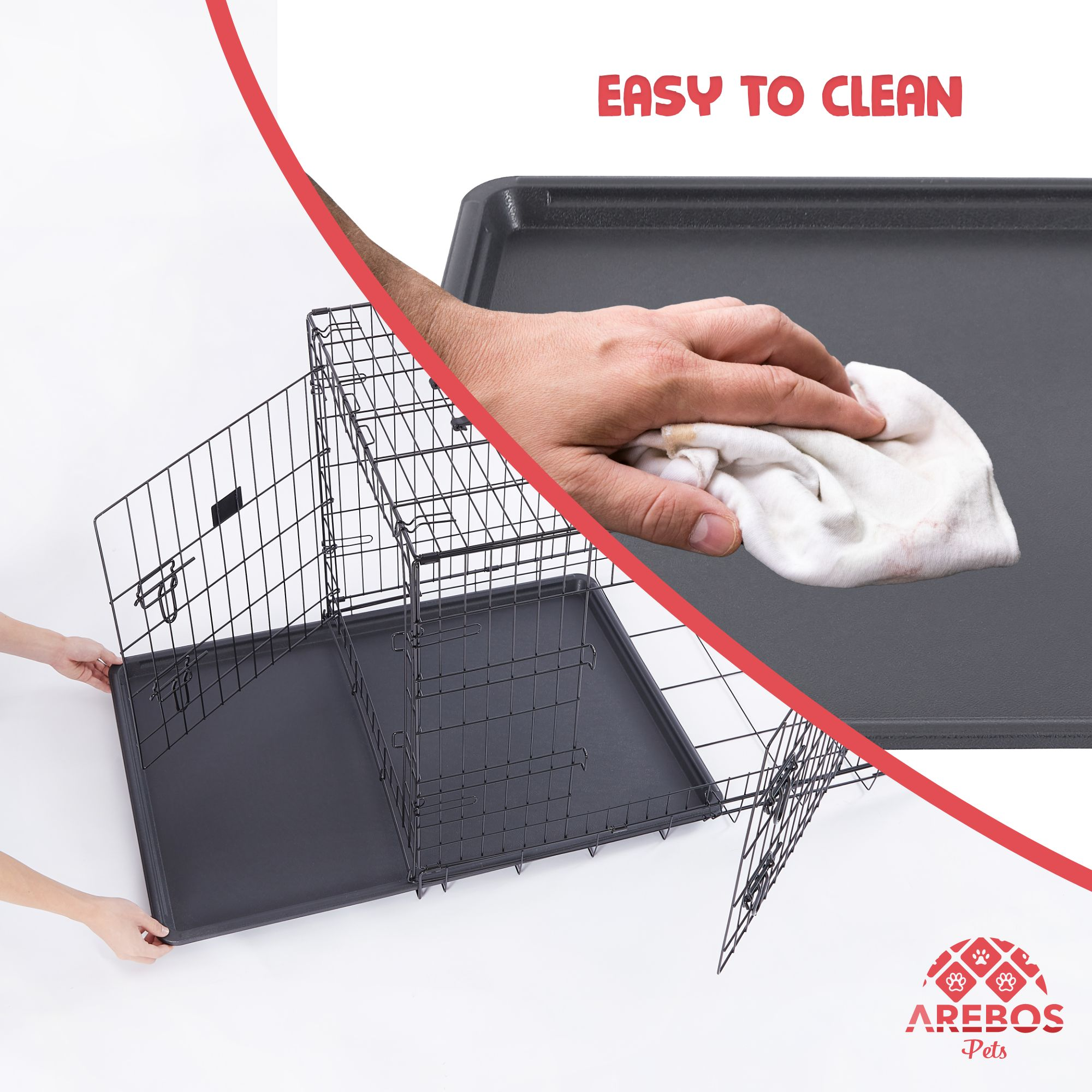 Eine Hundebox mit herausnehmbarer Ablage. Eine Hand wischt die Ablage mit einem weißen Tuch ab. Die Worte 'EASY TO CLEAN' sind sichtbar.