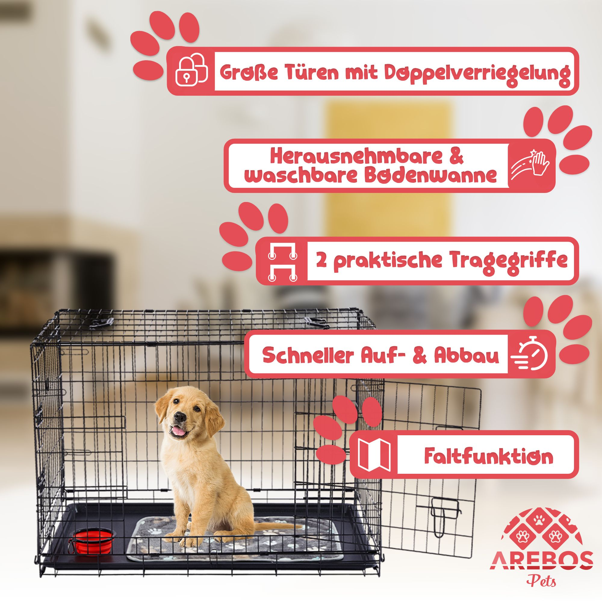 Ein goldener Retriever-Welpe sitzt in einer schwarzen Drahtbox. Text hebt Merkmale wie Doppelschlösser, herausnehmbare Schale und Faltung hervor.