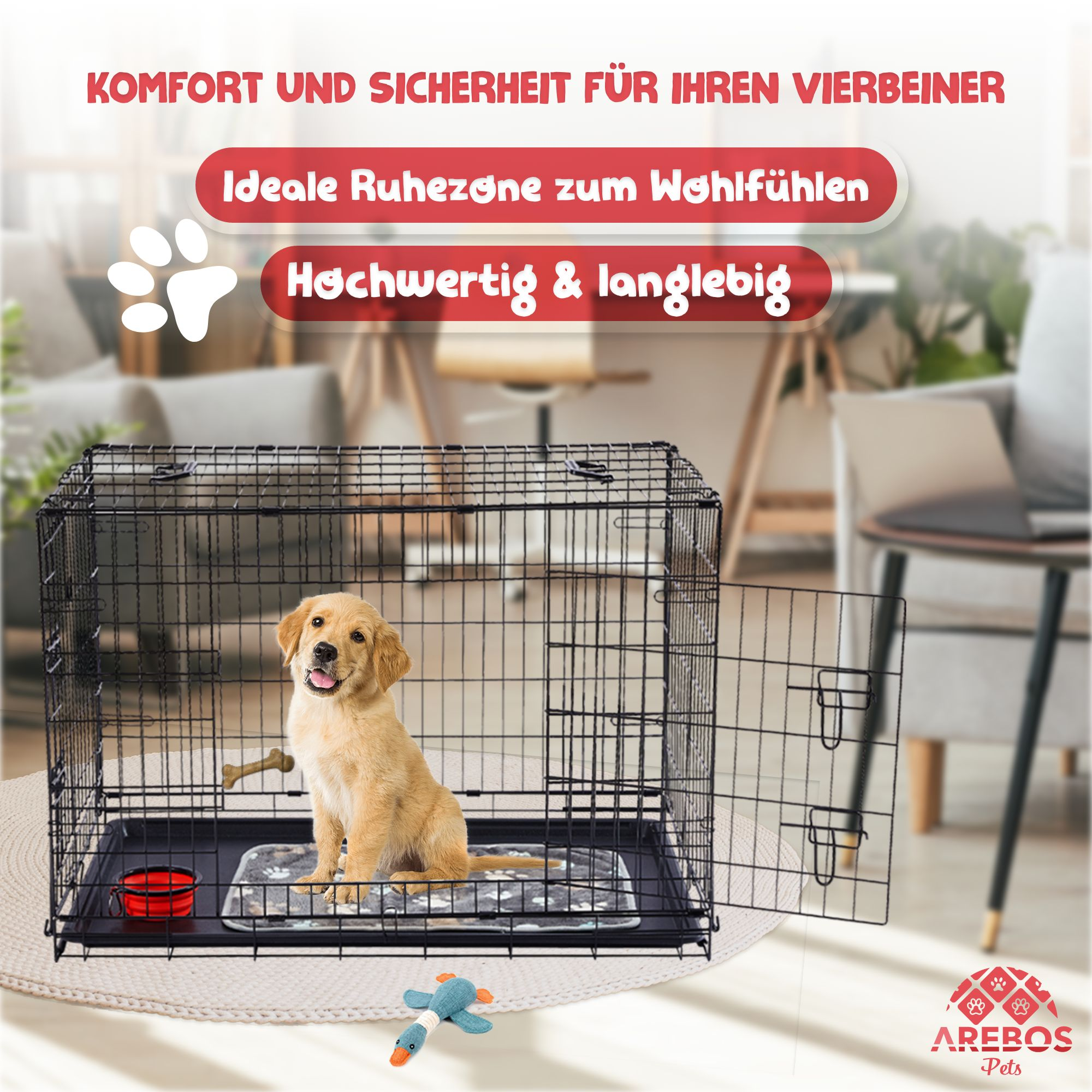 Ein goldener Retriever-Welpe sitzt in einer offenen, schwarzen Metallkiste. Ein Spielzeug liegt in der Nähe. Der Hintergrund ist unscharf.
