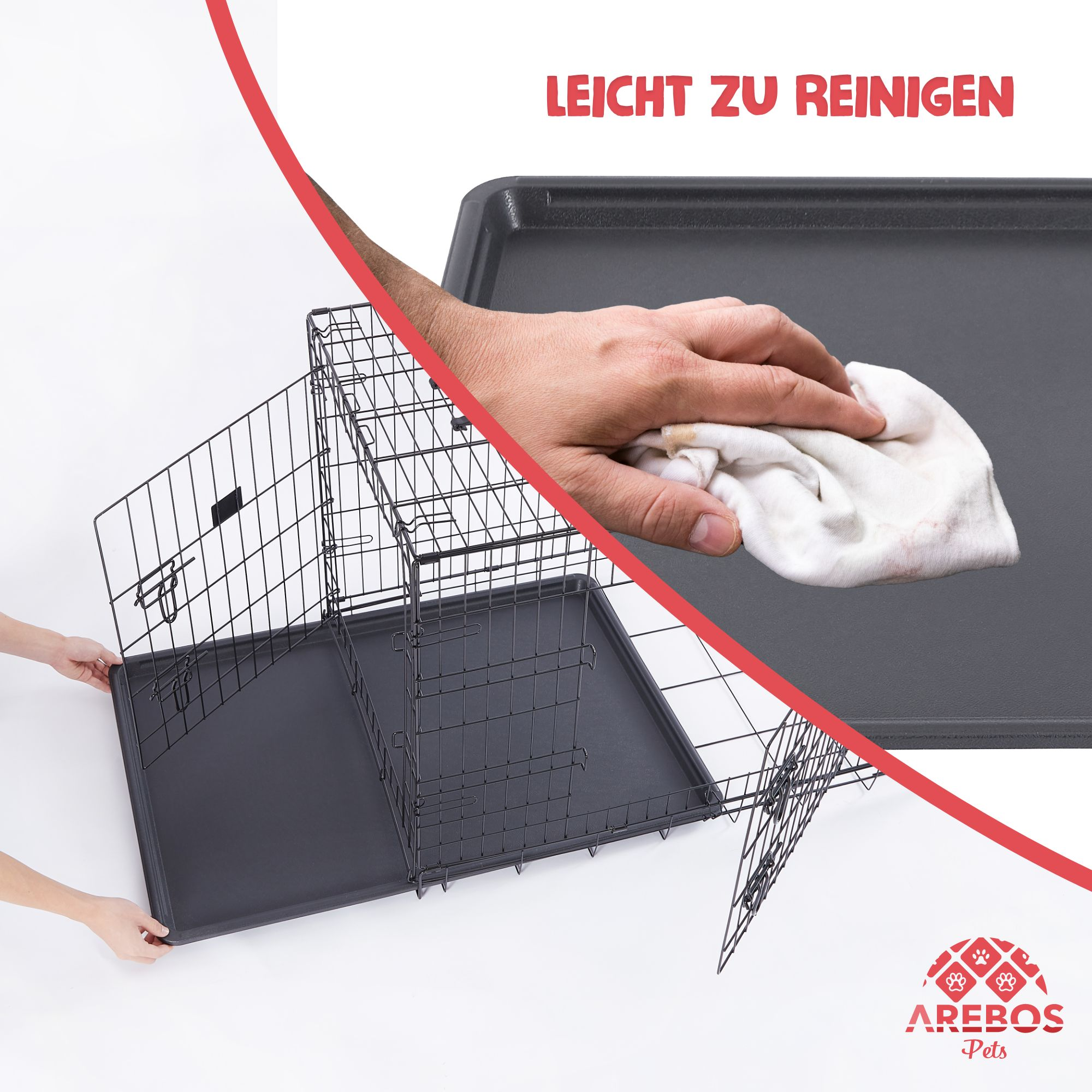 Eine schwarze Metallhundebox mit herausnehmbarer Schale. Eine Hand wischt die Schale mit einem Tuch ab. Text: 'Leicht zu reinigen'.