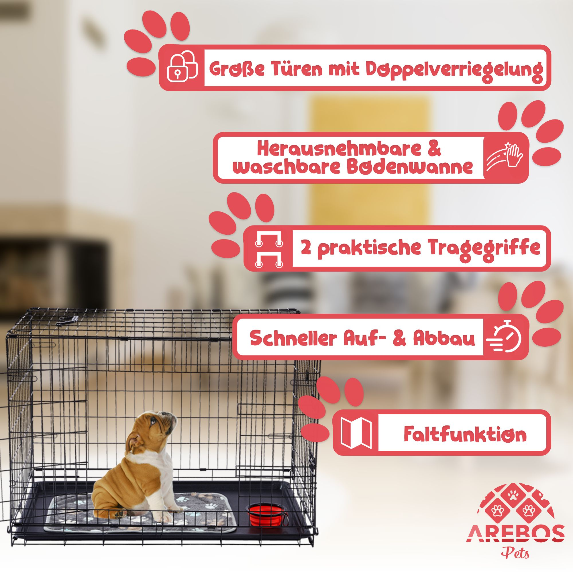 Ein Hund sitzt in einer schwarzen Metallkiste. Rote Textetiketten heben Merkmale wie große Türen und Funktionen hervor.