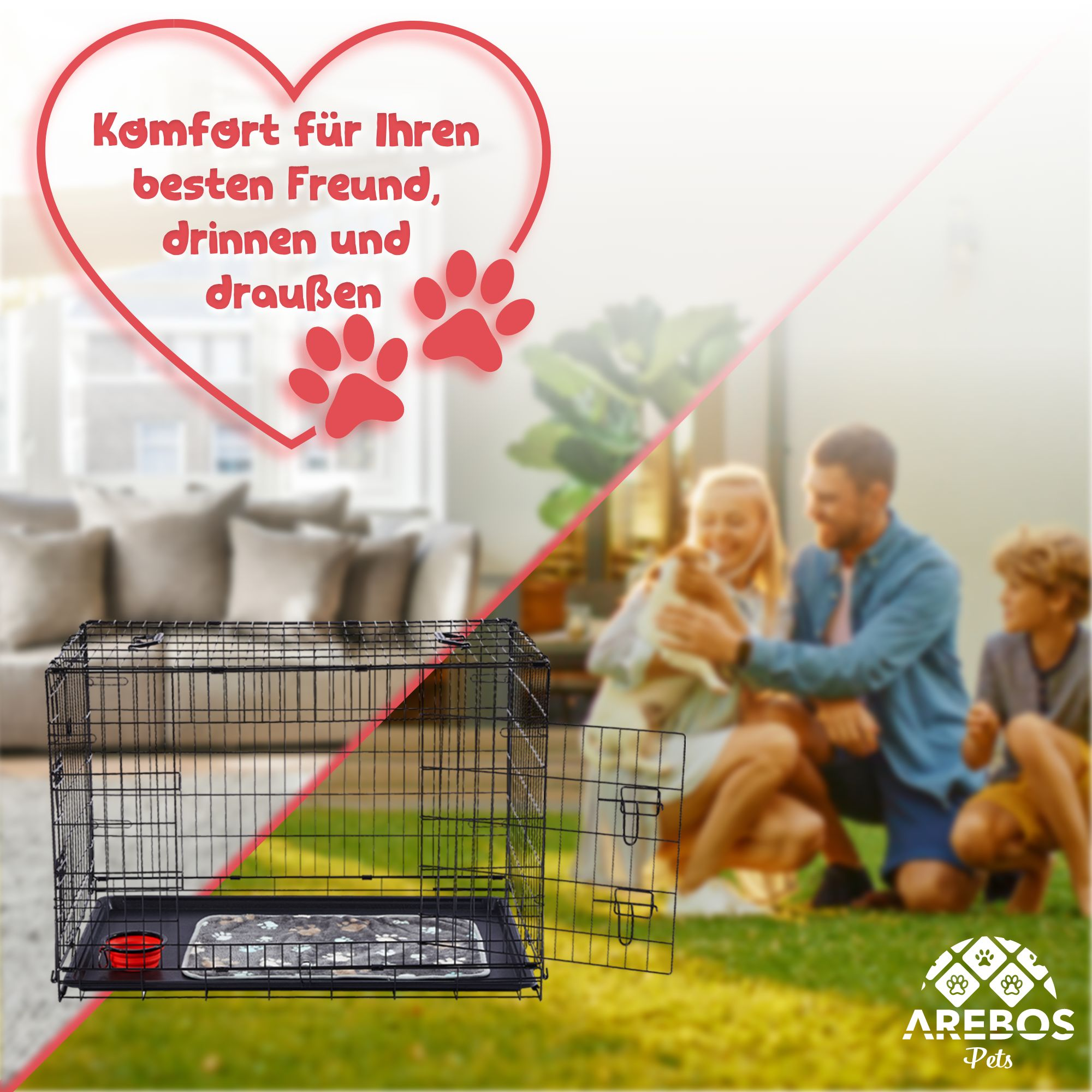 Hundekäfig mit offener Tür. Eine Familie mit Haustier draußen. Text: Komfort für Ihren besten Freund, drinnen und draußen.