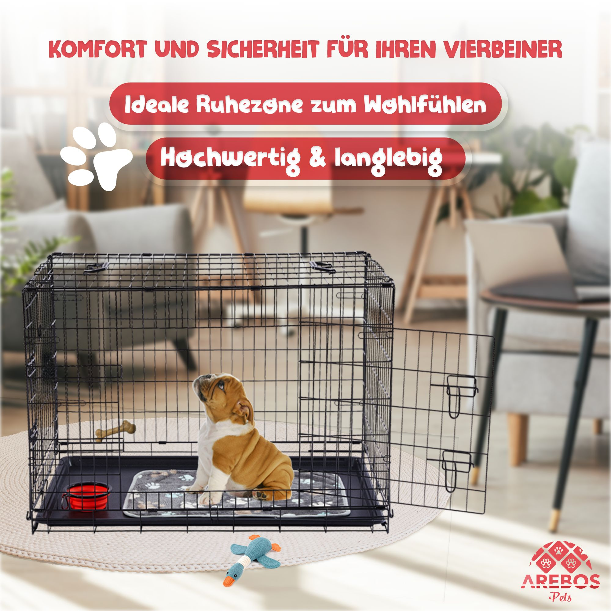 Ein Hund in einem Käfig. Der Käfig ist offen. Im Inneren befinden sich ein Spielzeug und eine Schüssel. Der Hintergrund ist unscharf.