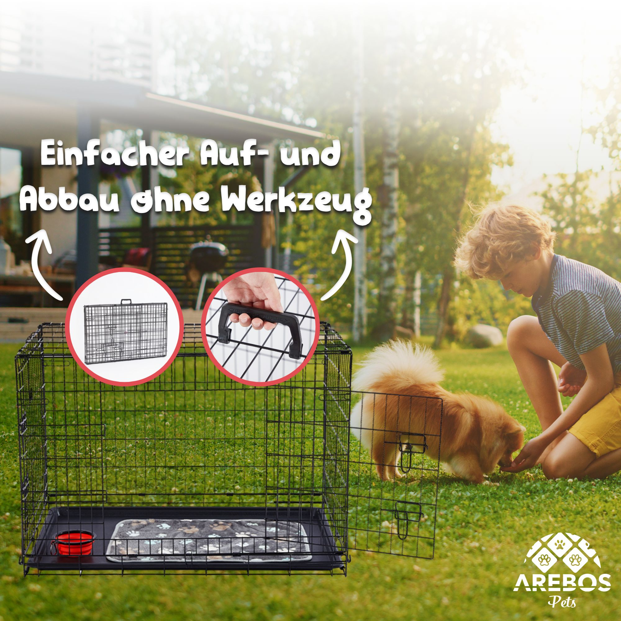 Auf einem Rasen steht eine Hundebox. Ein Junge und ein Hund sind in der Nähe. Der Text besagt einfache Montage ohne Werkzeug. Die Marke ist Arebos Pets.