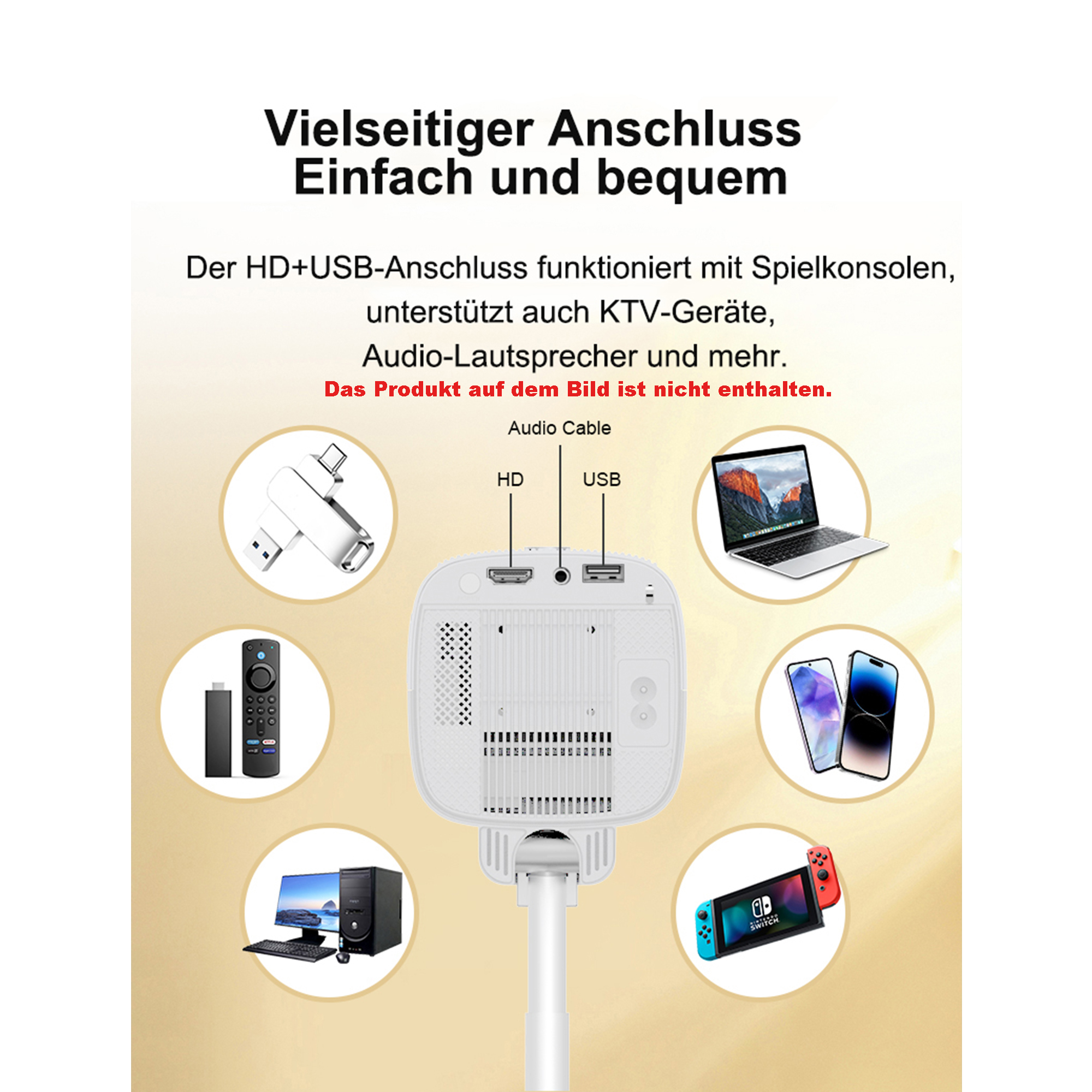 Bild zeigt einen Projektor mit verschiedenen Geräten wie Laptop, Telefonen und Spielekonsolen, die Anschlussmöglichkeiten veranschaulichen.