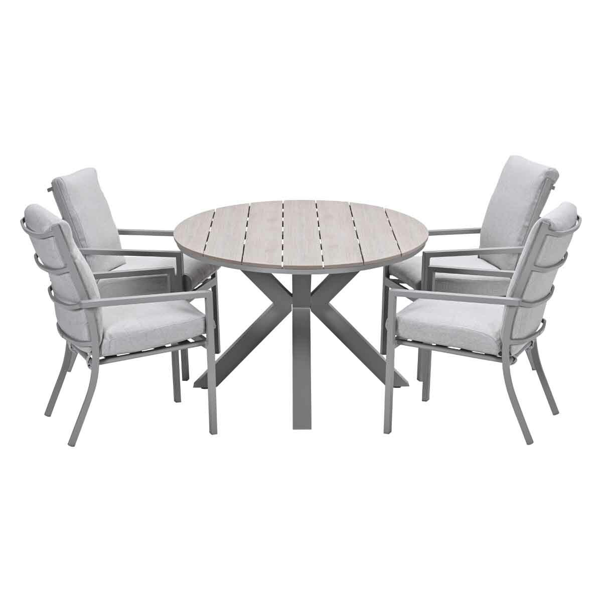 A round table and four chairs. The table is light wood with a gray base. Chairs have gray cushions and gray metal frames.