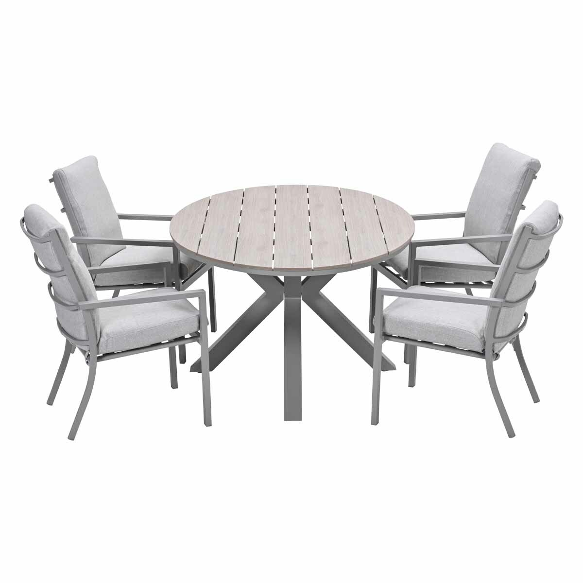 A round outdoor table with four chairs. The table has a light wooden top and gray legs. The chairs have gray cushions.
