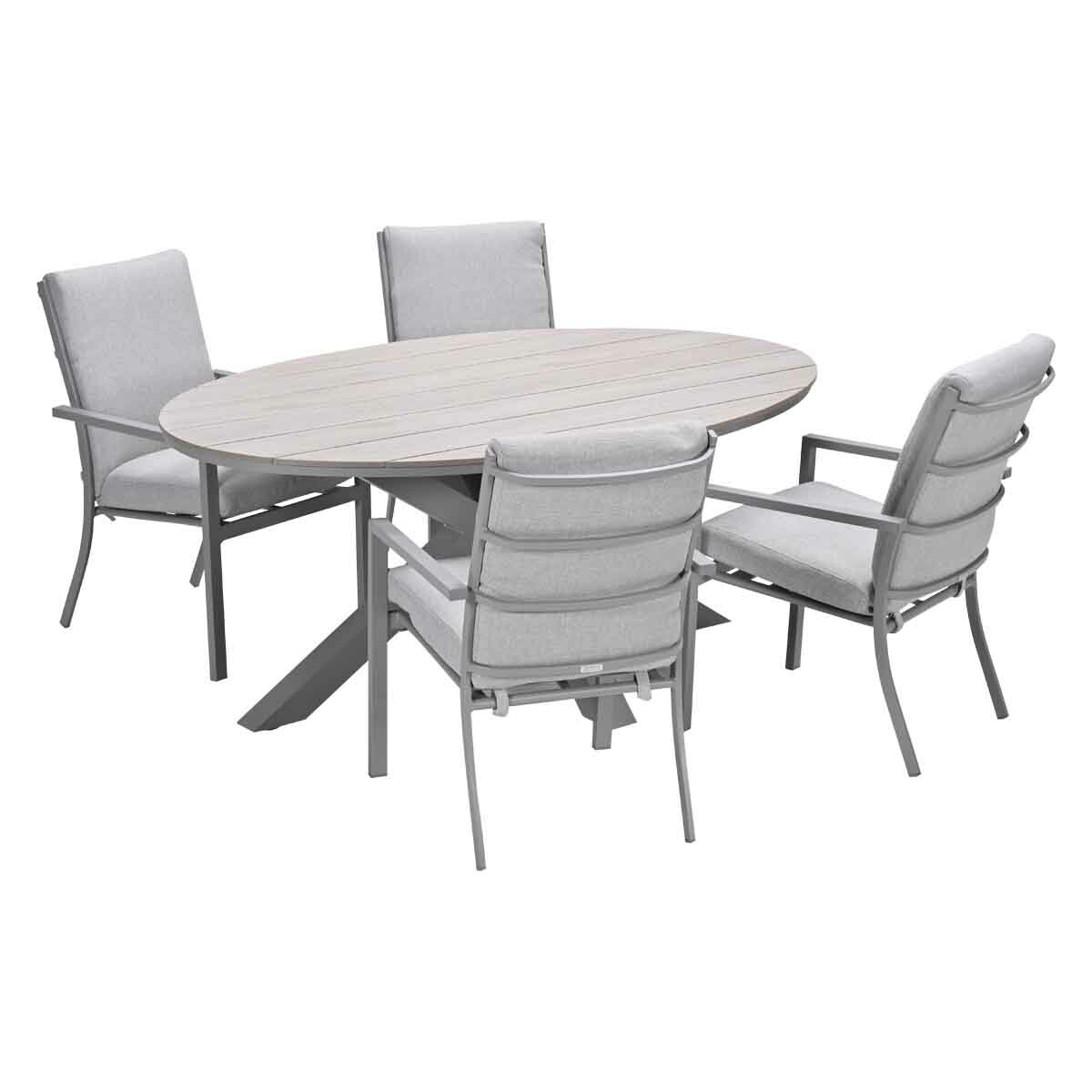 An outdoor dining set with an oval table and four gray cushioned chairs. The table is light gray with wooden slats.