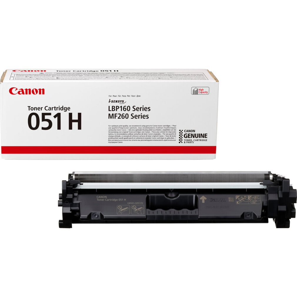 Toner Canon 051 H, pudełko i wkład. Pudełko białe z czerwonym logo Canon. Wkład czarny.