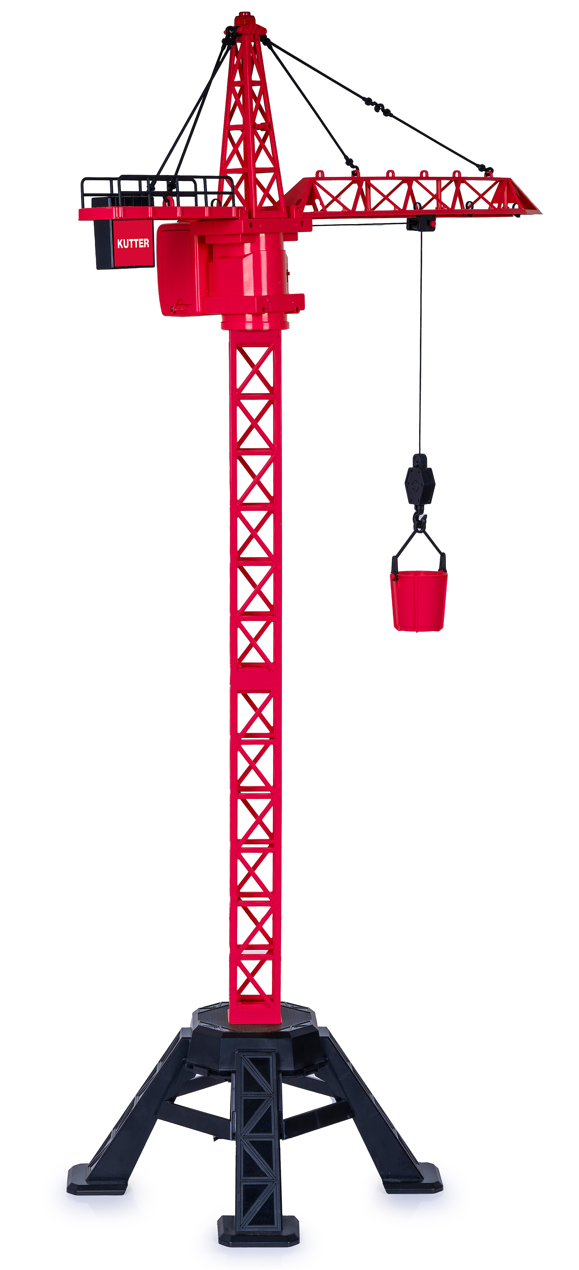 Ein roter Spielzeugkran mit schwarzem Sockel und Eimer. Auf der Seite des Krans steht das Wort 'Kutter'.