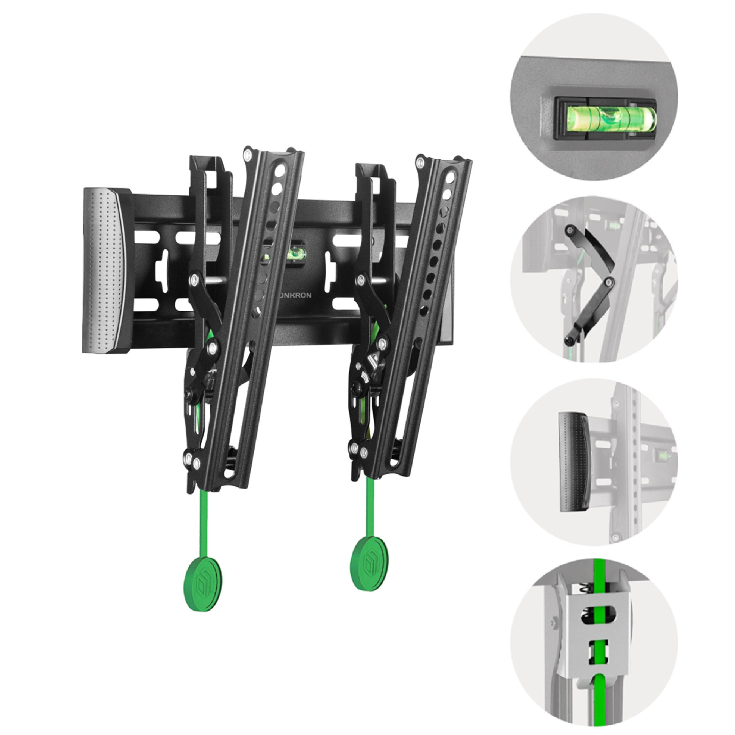 Czarny uchwyt ścienny do TV z zieloną poziomicą i detalami. Zawiera poziomicę, przegubowe ramiona i zielone plastikowe pierścienie.