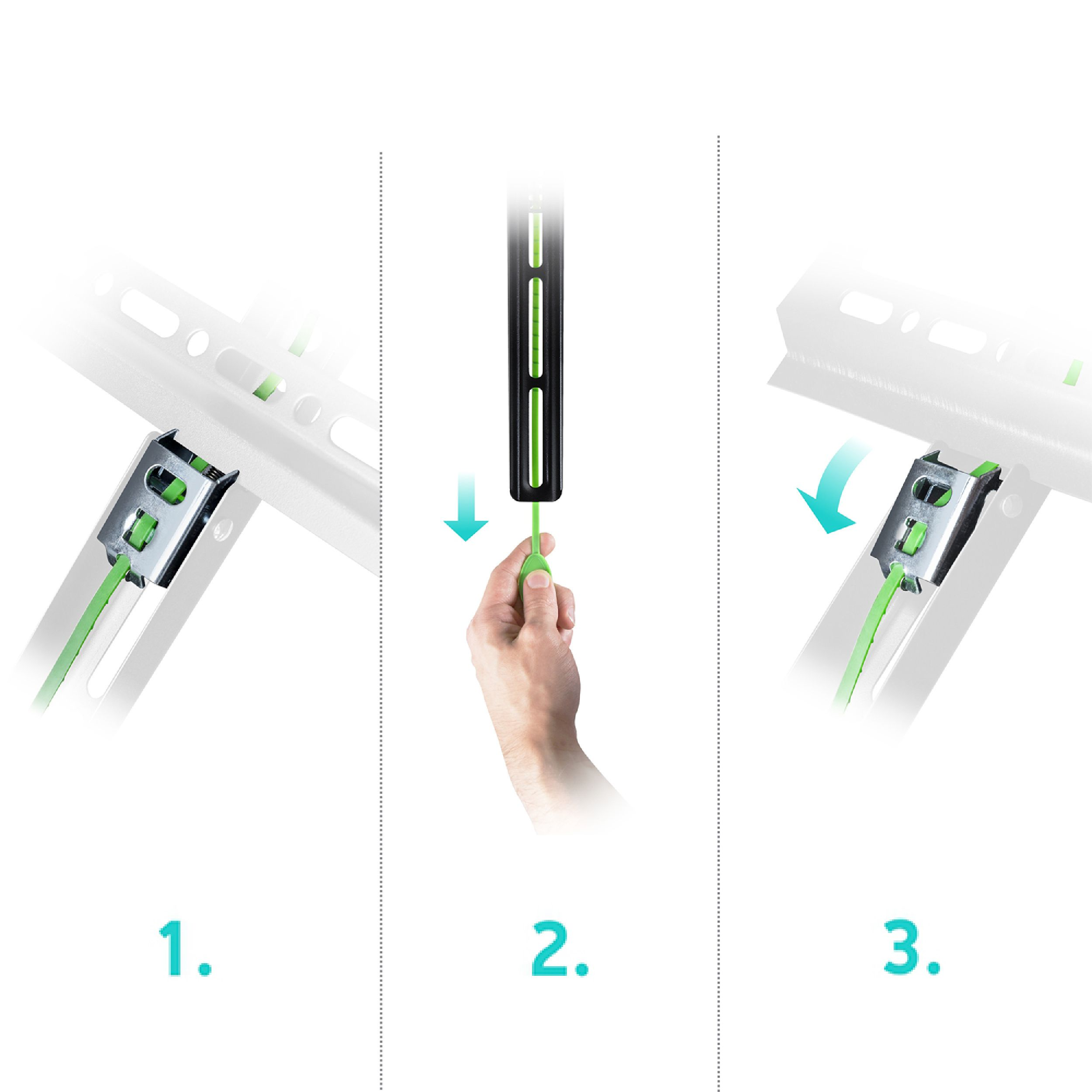 Obrazek przedstawia kroki instalacji wspornika. Zielony kabel jest przeciągany przez czarny prowadnik, a następnie zabezpieczany.