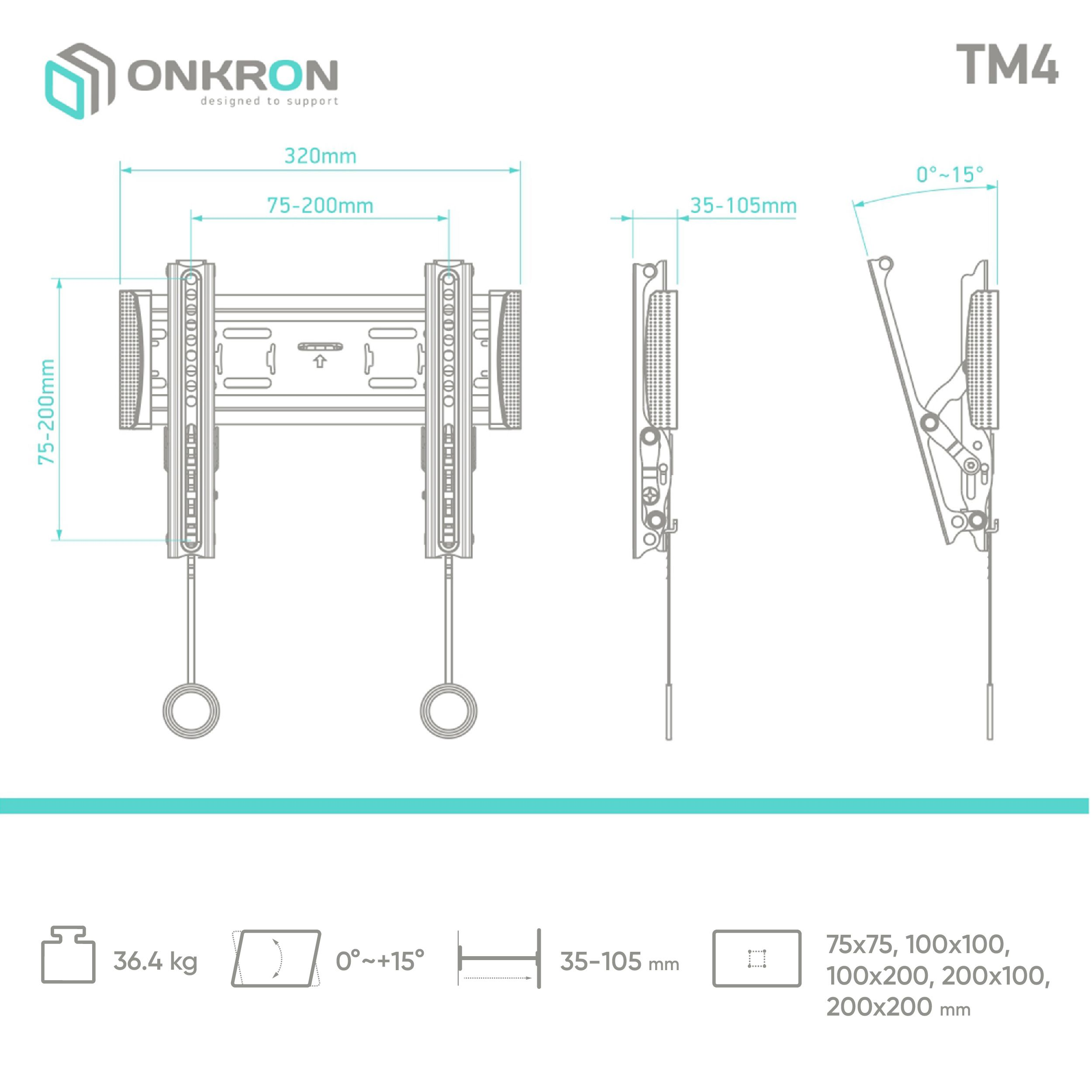 Schemat uchwytu ściennego do telewizora pokazujący wymiary, wagę i kompatybilne rozmiary VESA. Zawiera pomiary kąta i odległości.