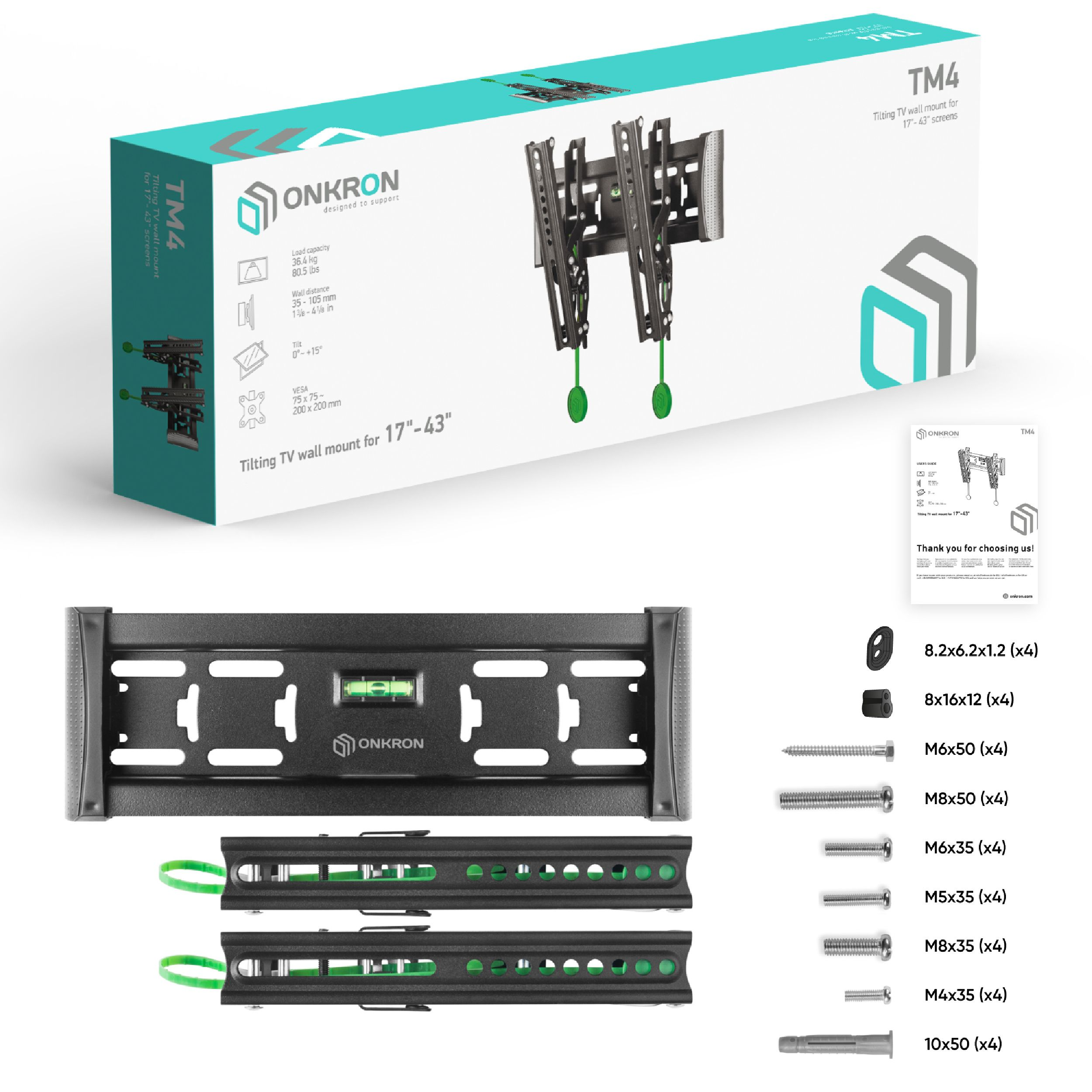 Zdjęcie produktu przedstawia zestaw do montażu ściennego TV. Zawiera uchwyt, elementy montażowe i instrukcje.