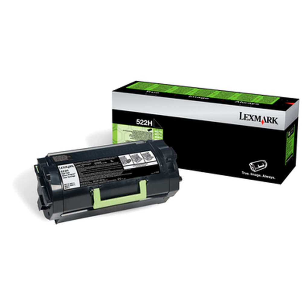 Een Lexmark tonercartridge en doos. De cartridge is zwart met een groene handgreep en de doos is zwart en wit.