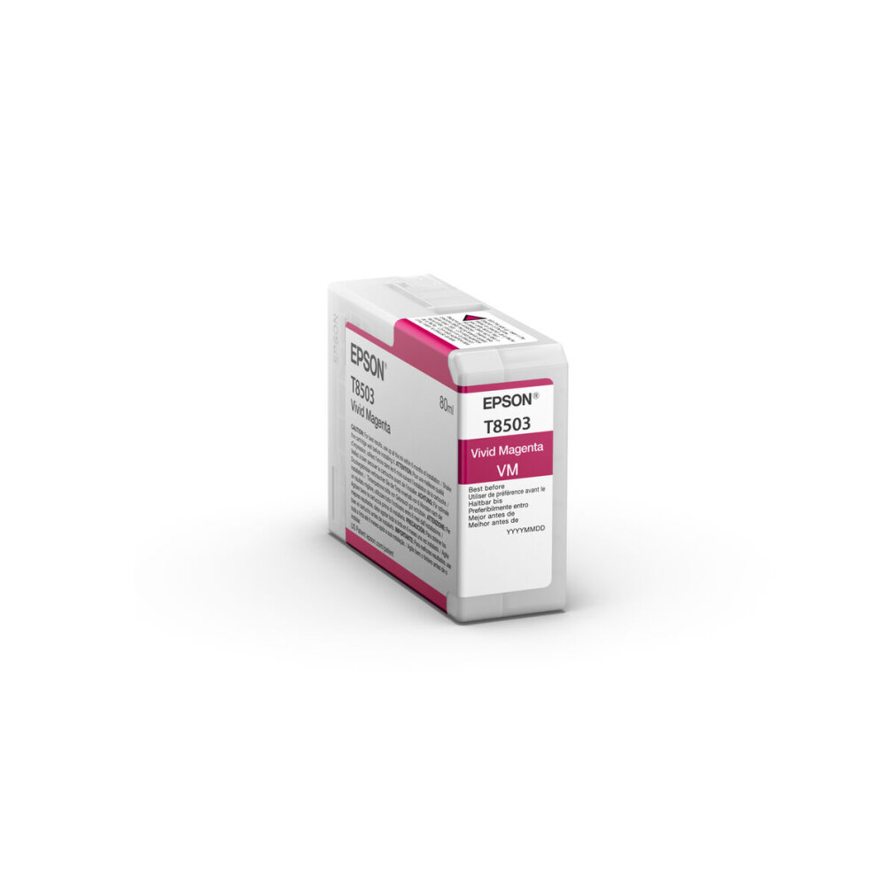 Een Epson T8503 Vivid Magenta inktcartridge. Witte en roze verpakking met productdetails en merk op een witte achtergrond.