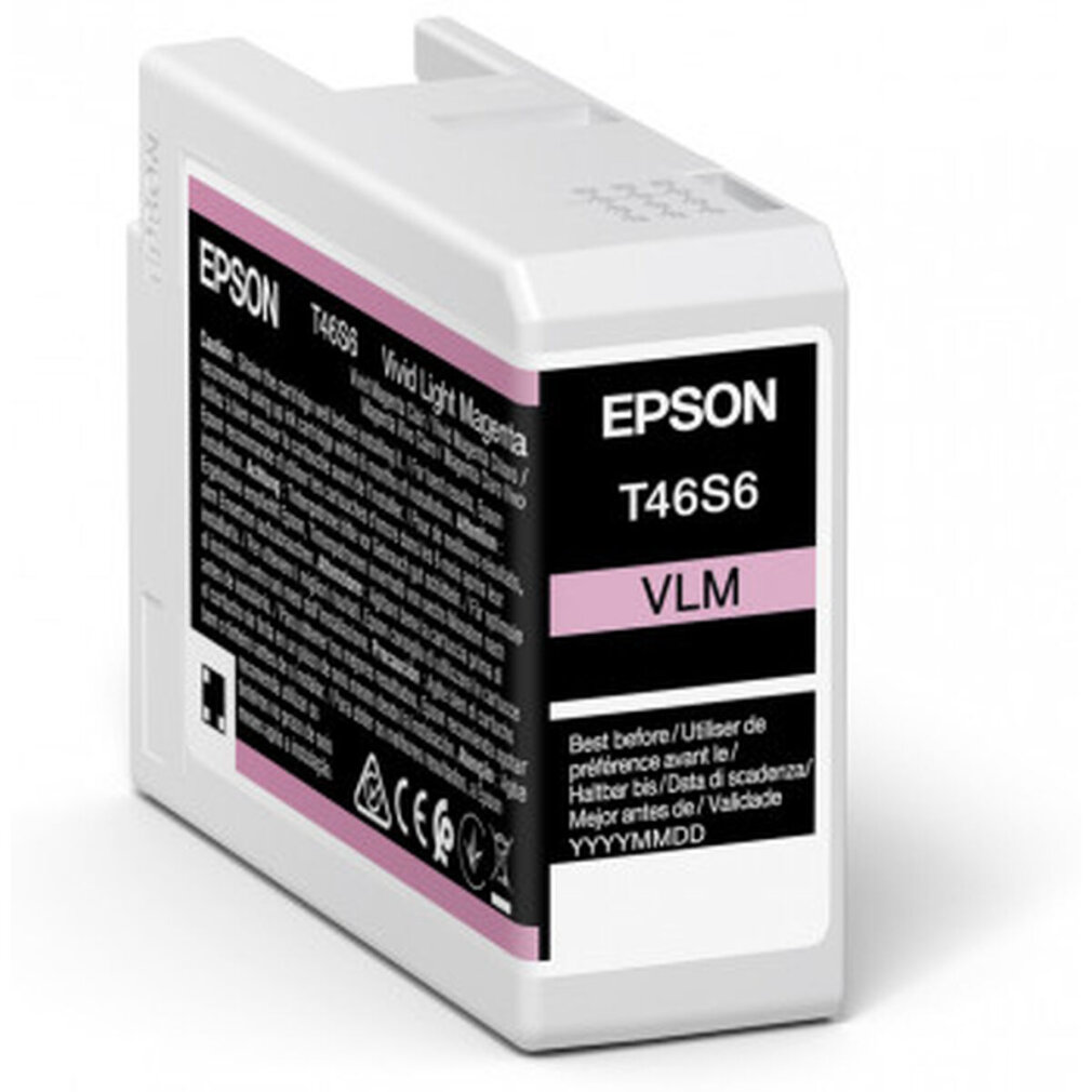 Une cartouche d'encre Epson blanche. Elle a des étiquettes noires et magenta. Les étiquettes contiennent le nom du produit, le modèle et la date d'expiration.