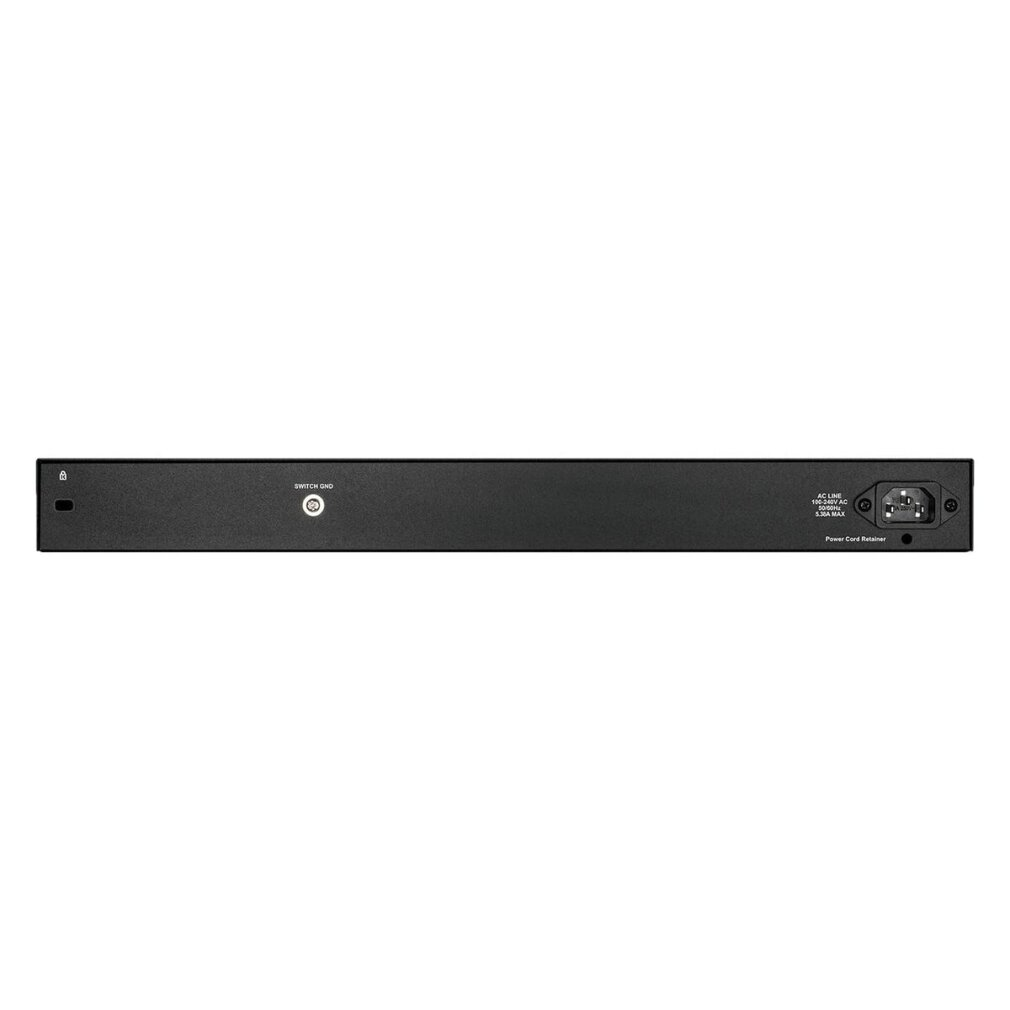 Switch di rete nero con porte di alimentazione e connessione. Le etichette di testo includono 'switch GND', 'AC Line' e 'Power Cord Retainer'.
