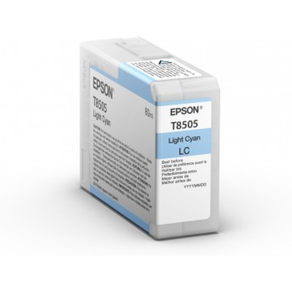 Eine Epson T8505 Light Cyan Tintenpatrone liegt auf einer weißen Oberfläche. Die Patrone ist hellblau und weiß mit Produktinformationen.