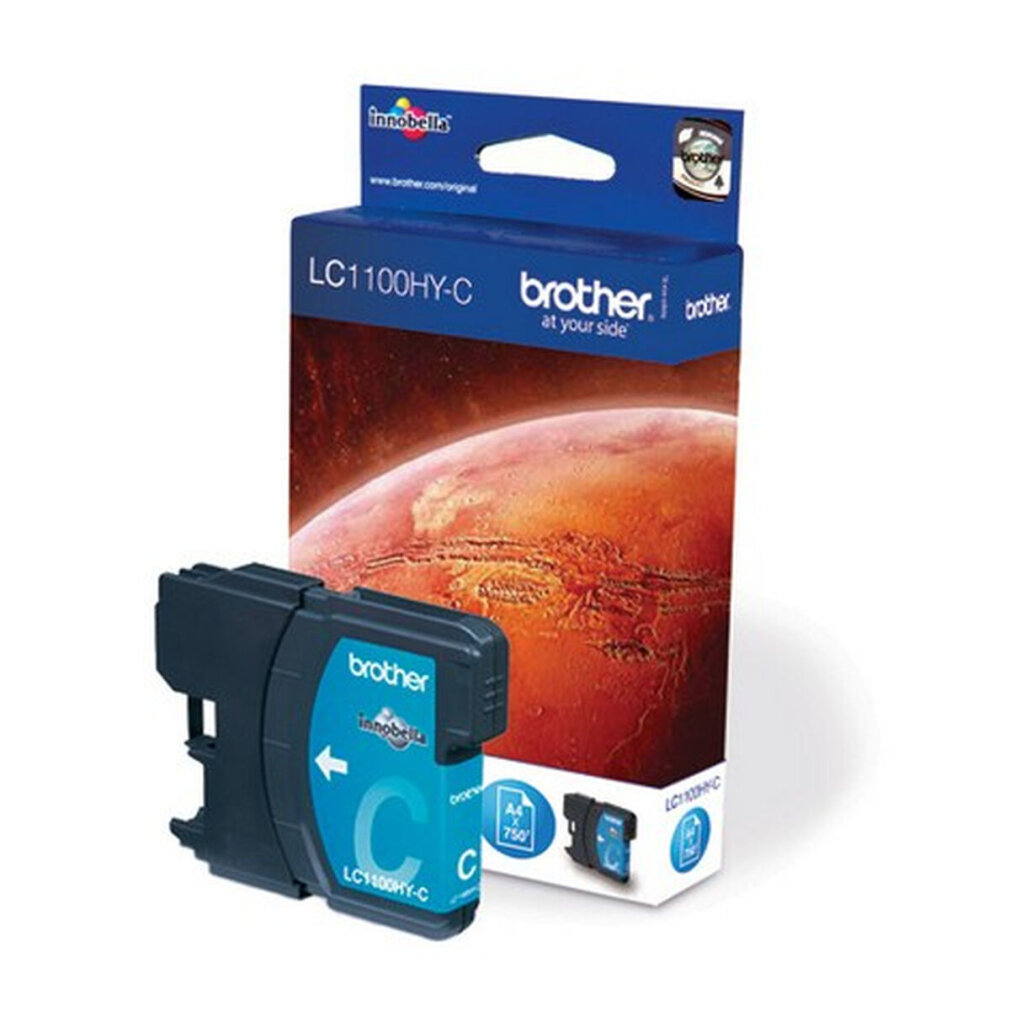 A Brother LC1100HY-C ink cartridge and its box are on a white surface. The box has a planet-like background.