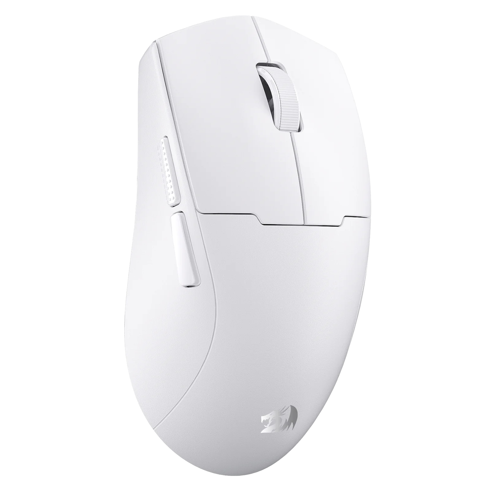 Un mouse per computer bianco. Ha una rotella, dei pulsanti e un logo. Lo sfondo è bianco.