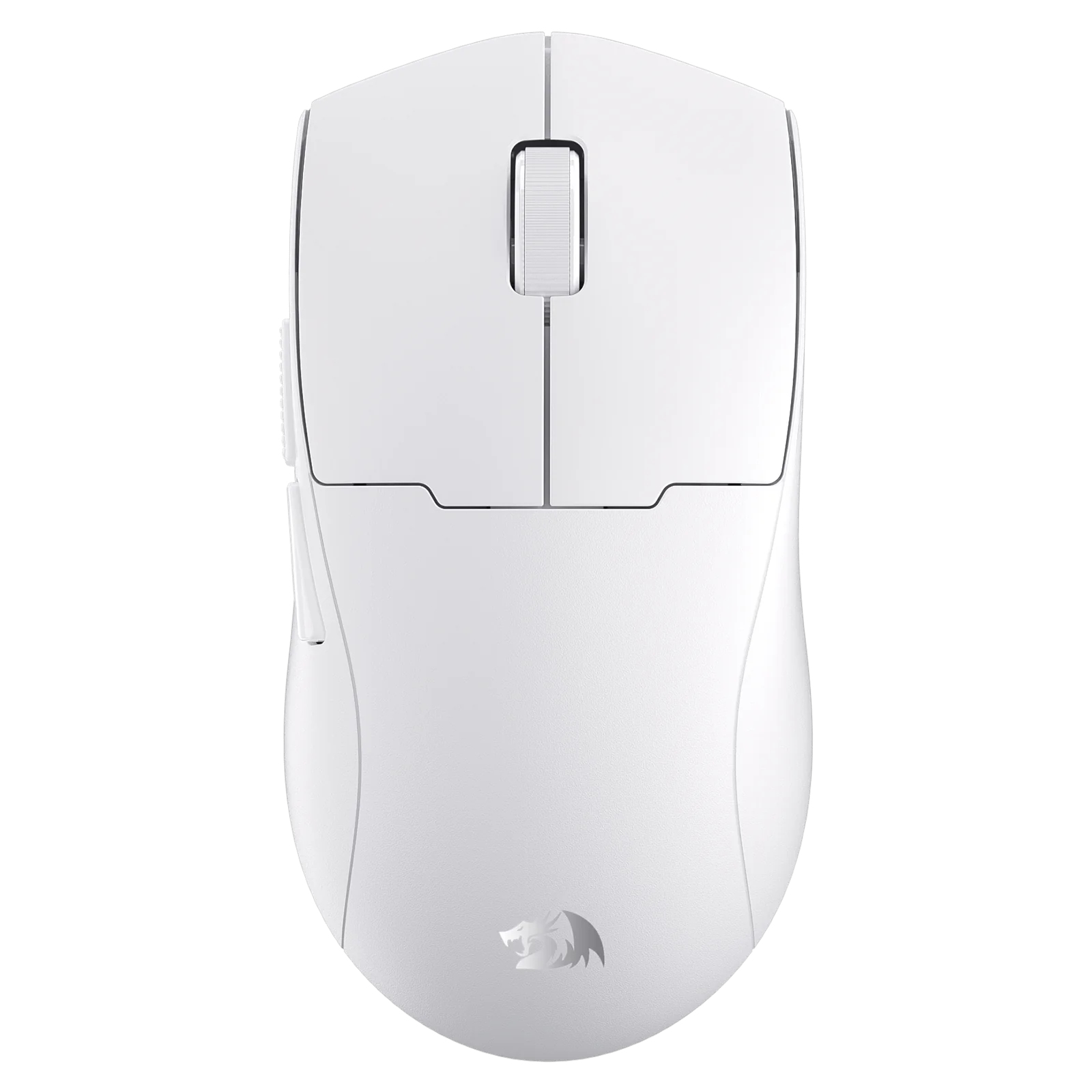 Mouse da gioco bianco su sfondo bianco. Presenta pulsanti sinistro e destro, rotella di scorrimento e pulsanti laterali. Logo Redragon visibile.