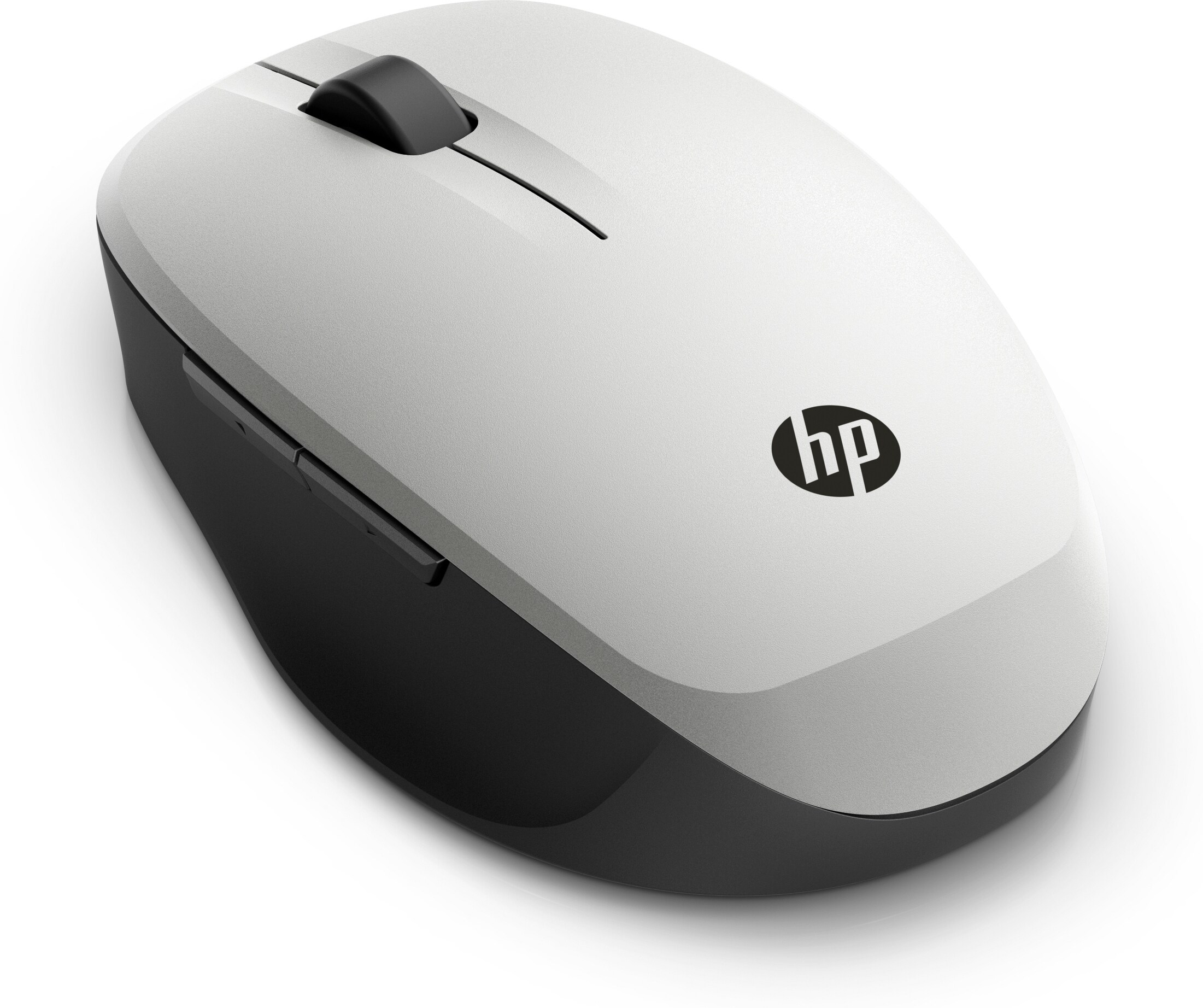Un mouse wireless HP bianco e nero su sfondo bianco. Il logo HP è visibile. La rotella è nera.