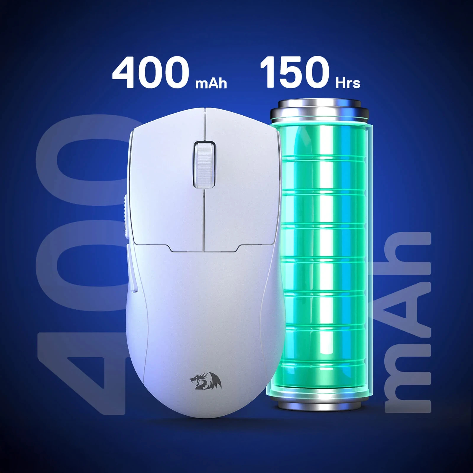Mouse wireless bianco con icona batteria verde, indica 400mAh e 150 ore di utilizzo, su sfondo blu sfumato.