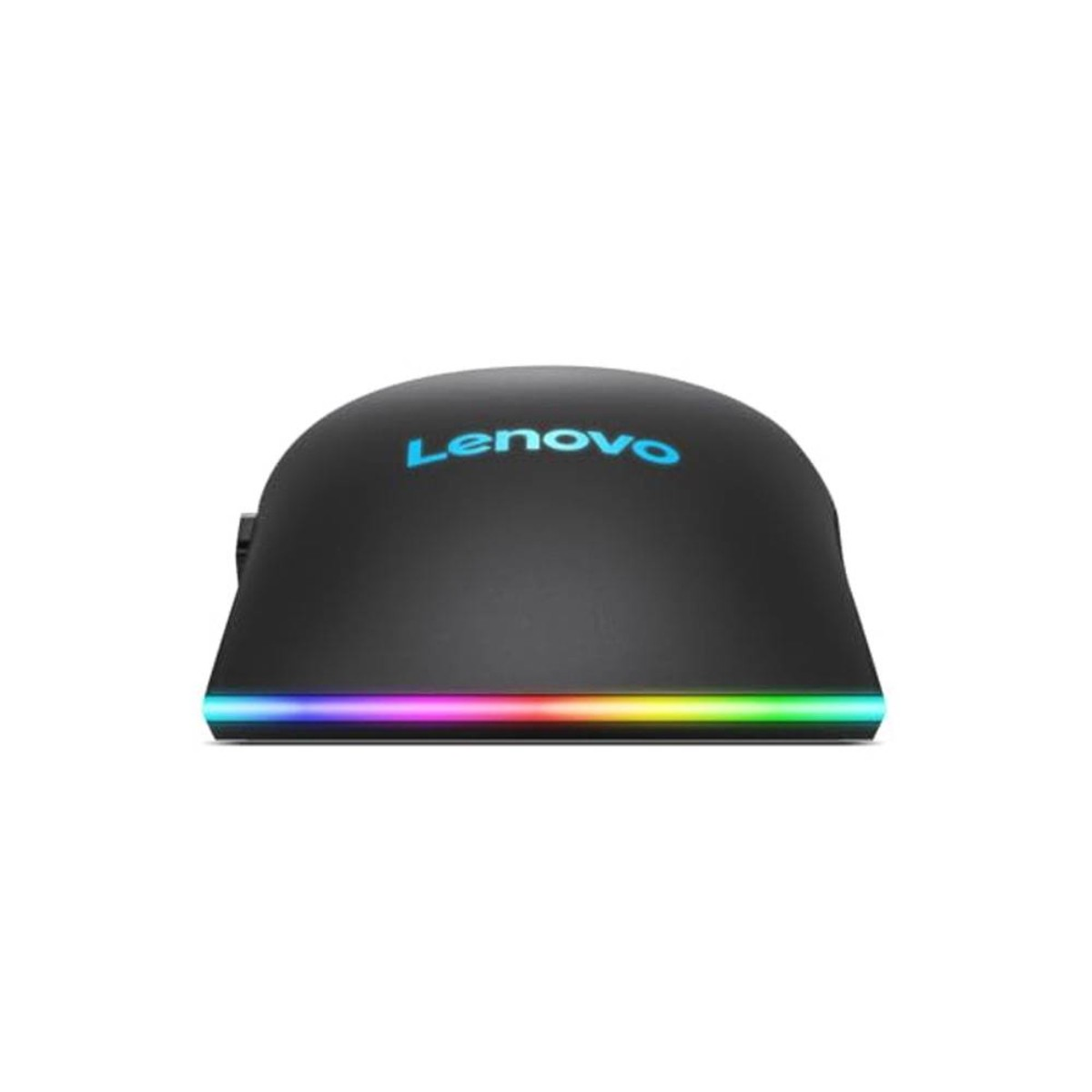 Czarna mysz Lenovo z świecącą, wielokolorową dolną krawędzią. Logo Lenovo jest widoczne na niebiesko.
