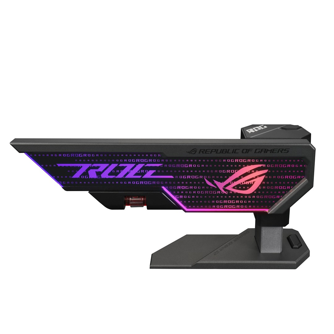 Supporto da gioco ROG nero con illuminazione RGB. Presenta il logo Republic of Gamers. Il supporto è su una superficie grigia.
