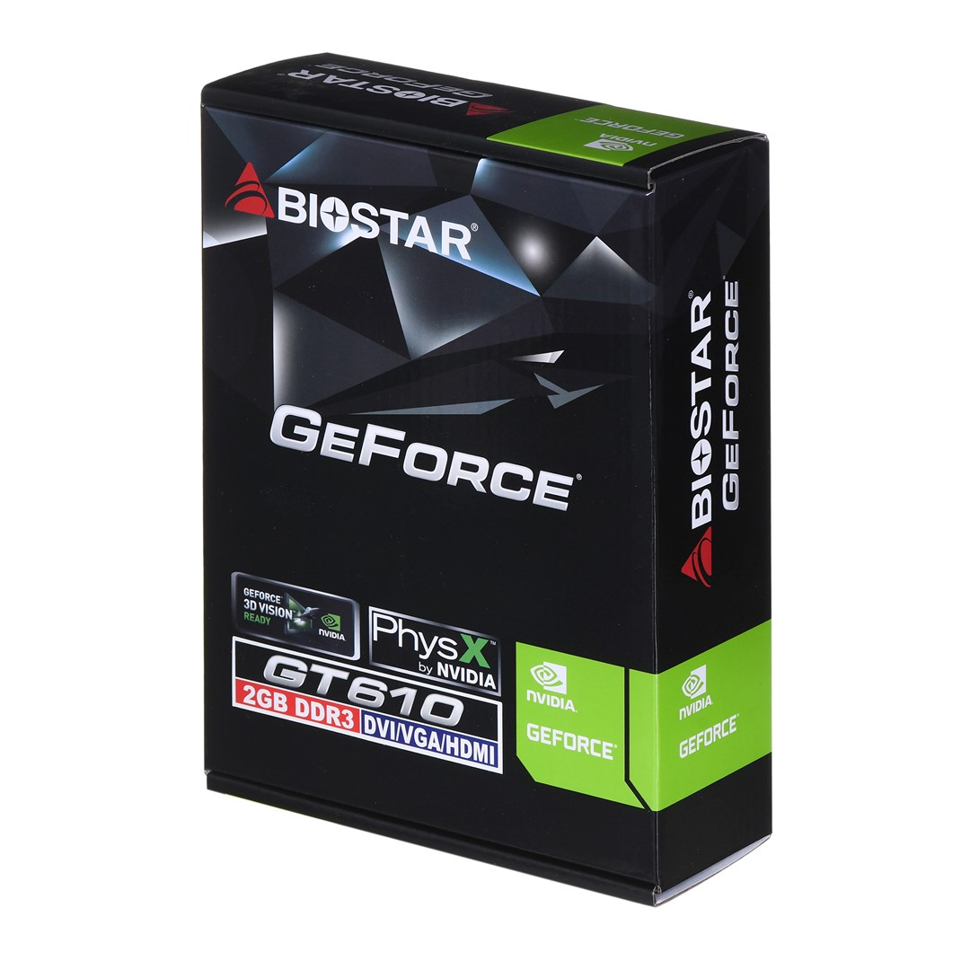 Czarno-zielone pudełko karty graficznej Biostar GeForce GT610. Zawiera logo, tekst i specyfikacje. Widoczne jest logo NVIDIA.
