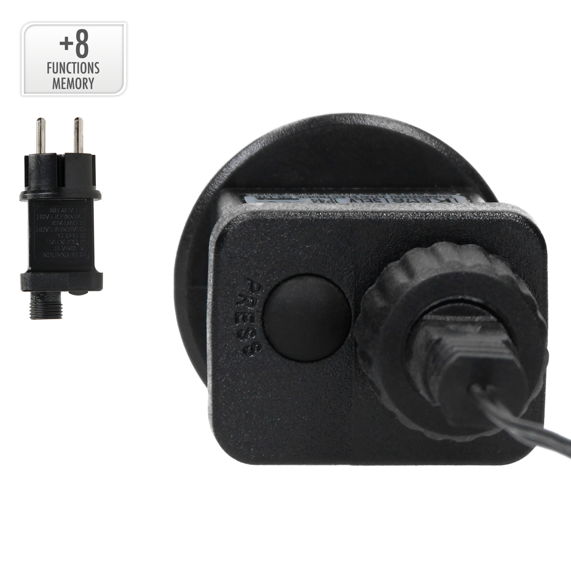 Schwarzer Netzadapter mit Stecker, Knopf mit "PRESS" und Kabel, plus zusätzlichem Stecker.