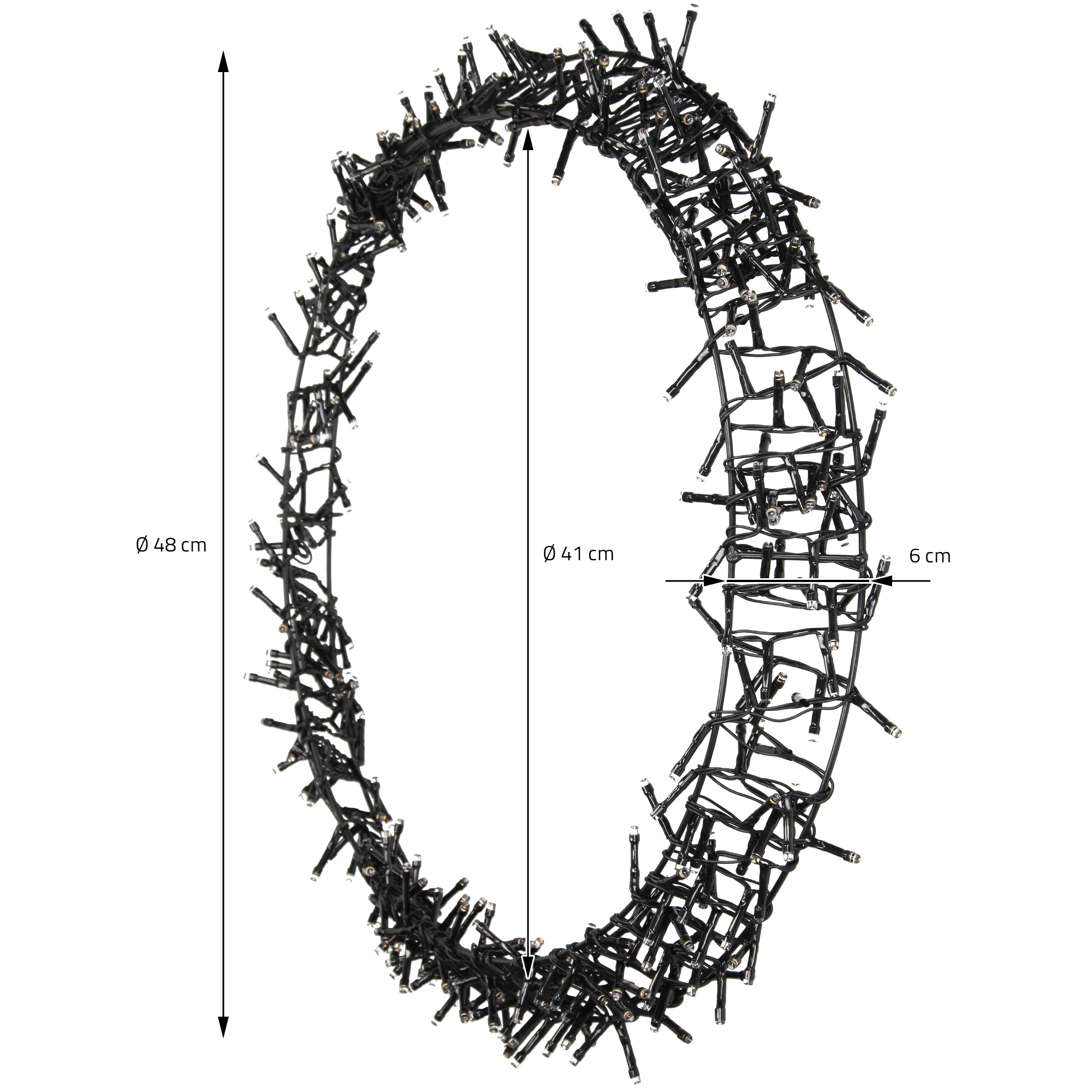 Ein schwarzer, kreisförmiger Lichterkettenstrang mit beschrifteten Abmessungen. Er ist Ø48 cm hoch, Ø41 cm breit und 6 cm dick.