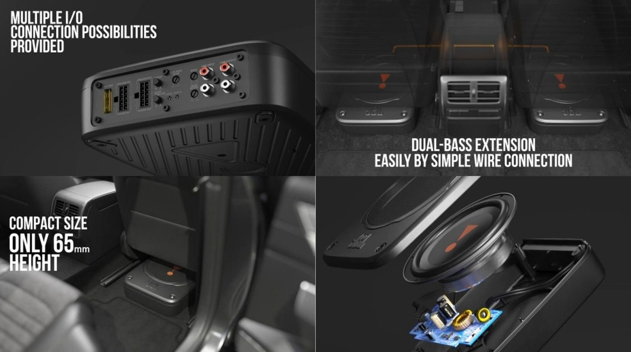 Ein schwarzes Auto-Audiosystem mit mehreren Anschlussanschlüssen. Das Bild zeigt seine kompakte Größe und die Dual-Bass-Erweiterungsfunktionen.