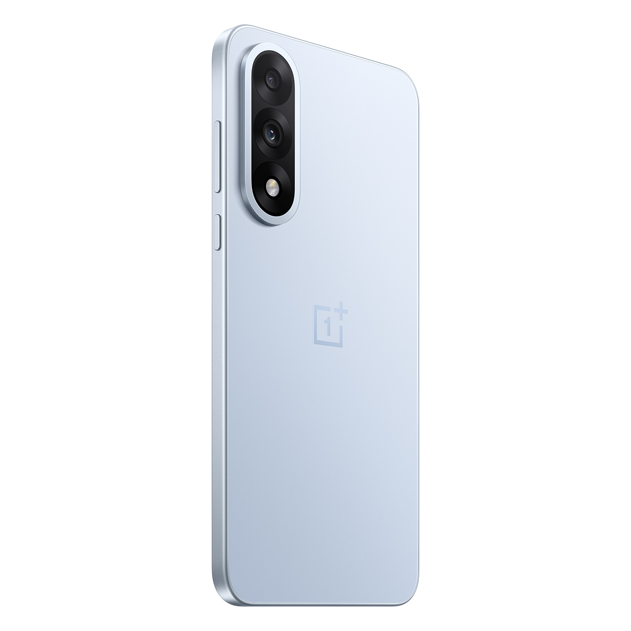 Jasnoniebieski smartfon, lekko pochylony. Ma trzy aparaty i lampę błyskową. Widoczne logo OnePlus.