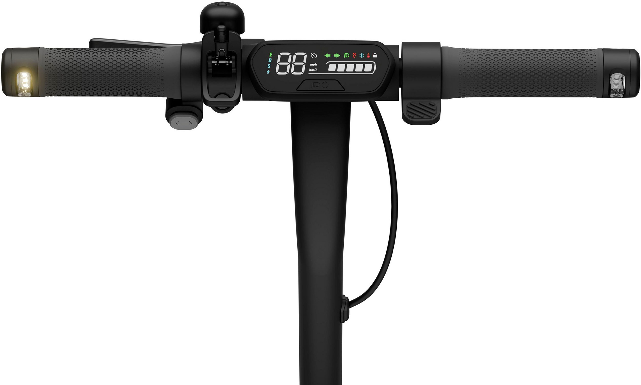 Schwarzer E-Scooter-Lenker. Enthält Display, Klingel, Lichter und strukturierte Griffe. Das Display zeigt Geschwindigkeit und andere Anzeigen.