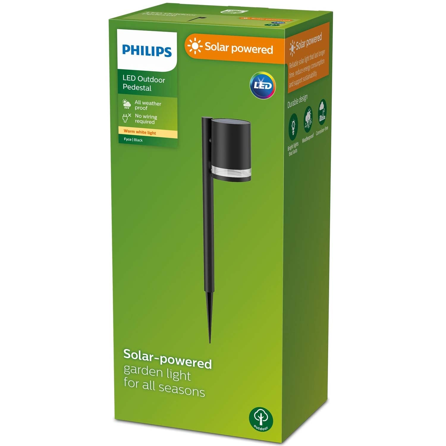 Schachtel mit Philips solarbetriebener Gartenleuchte. Die Schachtel ist grün mit Text und einem Bild der schwarz-silbernen Leuchte.