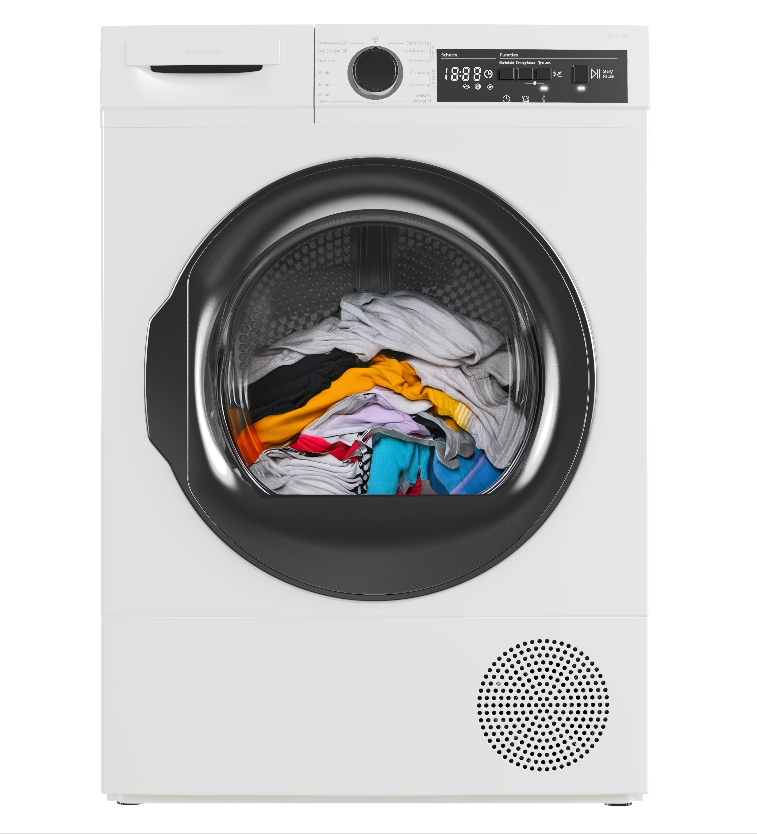 Een witte droger met zwarte deur staat open, gevuld met kleurrijke kleding. De droger heeft een bedieningspaneel.