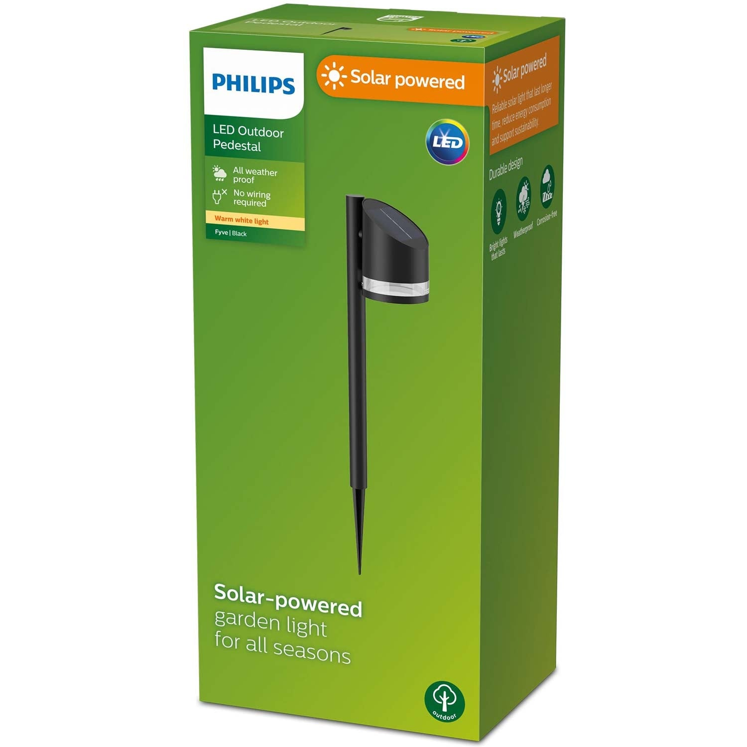 Eine Philips-Schachtel für eine solarbetriebene Gartenleuchte. Sie zeigt das Licht und die Eigenschaften. Die Schachtel ist grün mit weißem und schwarzem Text.