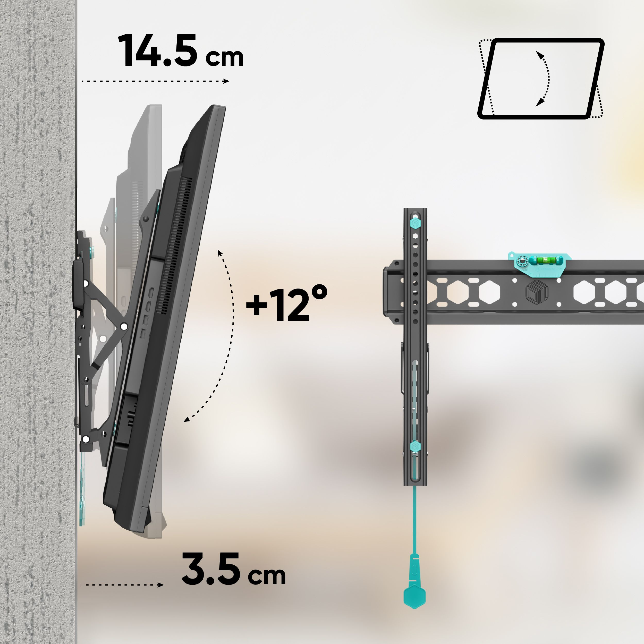 Pokazano uchwyt do telewizora z wymiarami i kątami. Telewizor jest zamontowany, pokazując pochylenie. Uchwyt ma poziomnicę i funkcje regulacji.