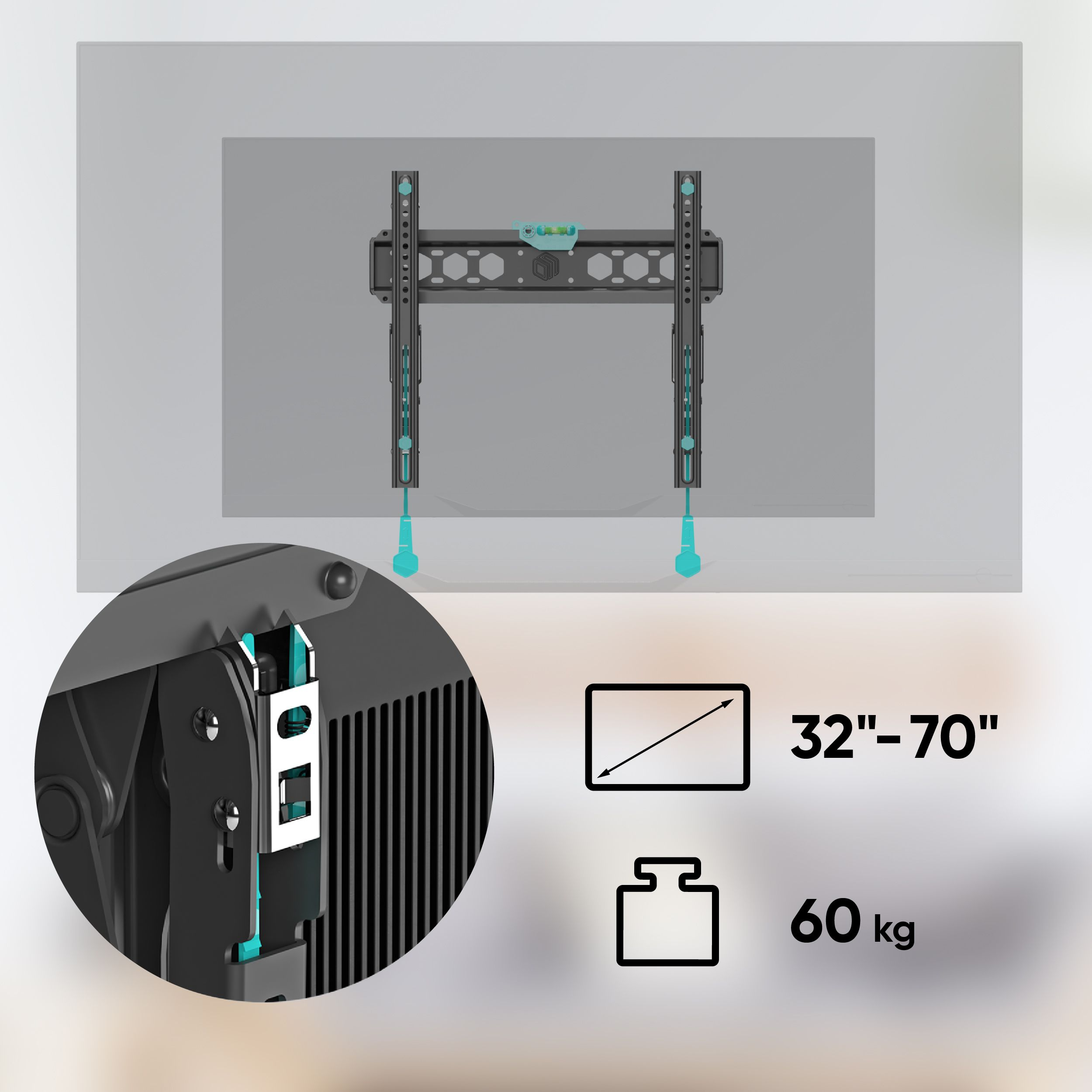 Uchwyt ścienny TV, obsługa 32"-70", udźwig 60 kg. Zbliżenie mechanizmu i poziomicy.