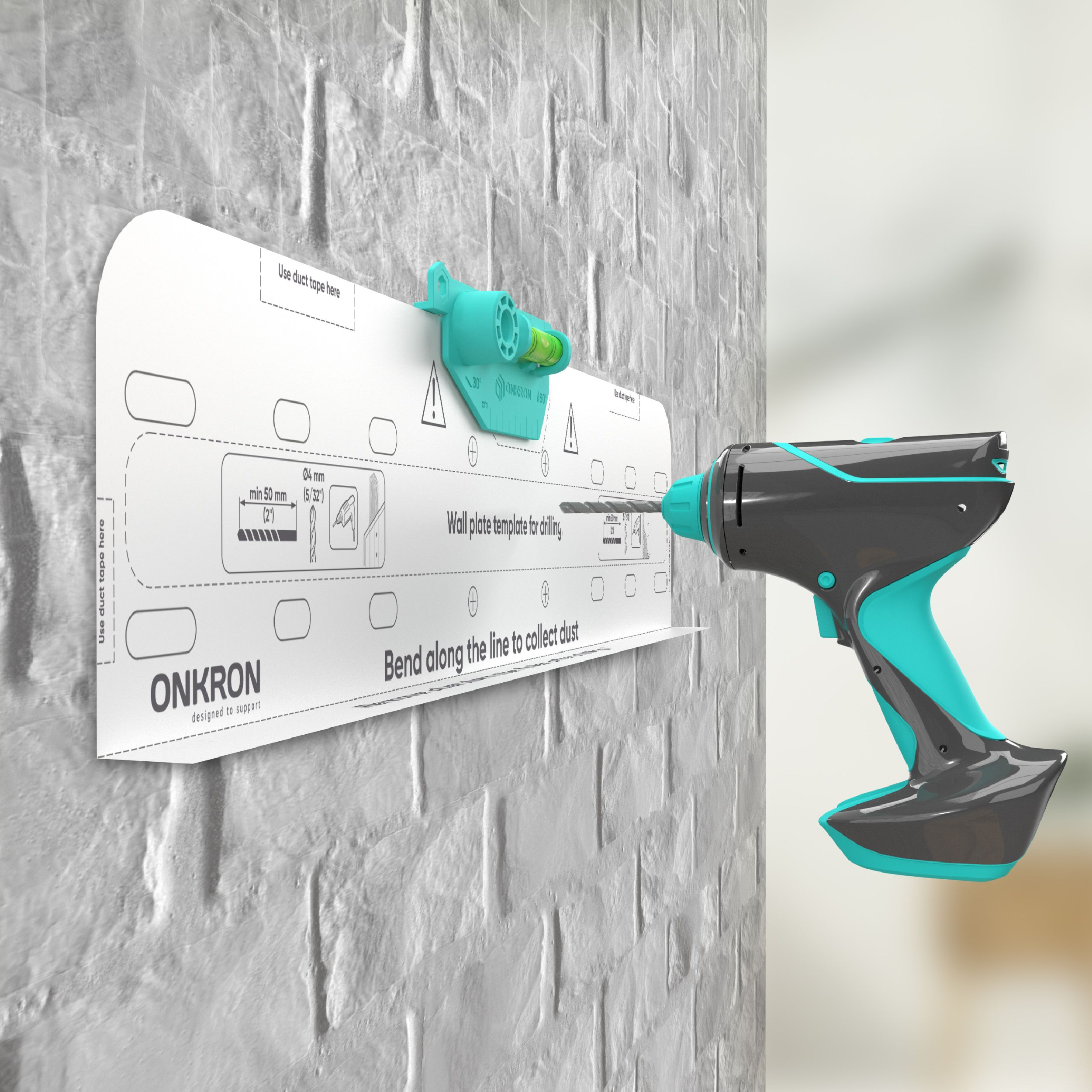 Wiertarka i szablon na teksturowanej ścianie. Wiertarka jest szara i turkusowa. Szablon zawiera instrukcje wiercenia.