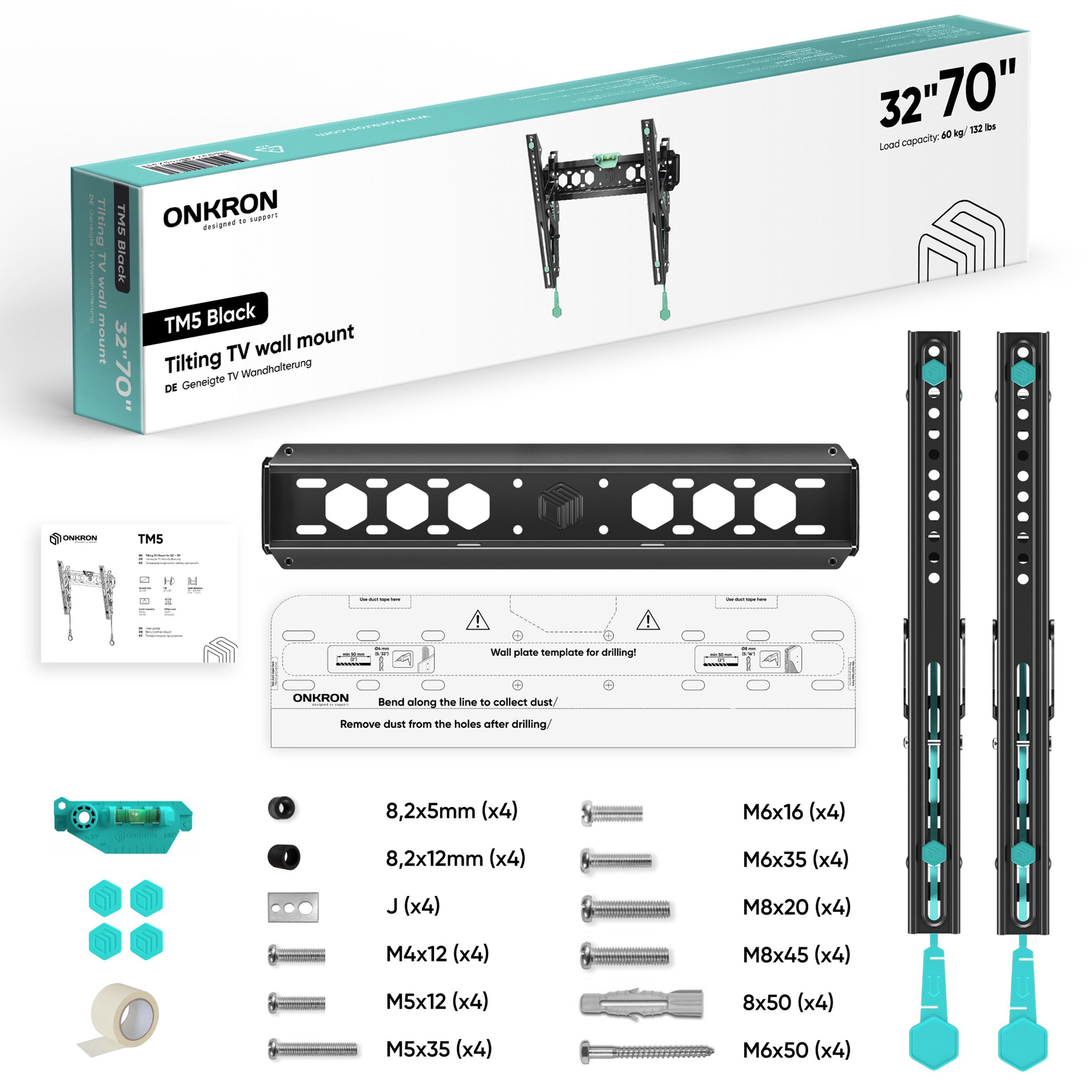 Czarny zestaw do montażu na ścianie z różnymi śrubami, poziomicą i szablonem, wszystko na białym tle.