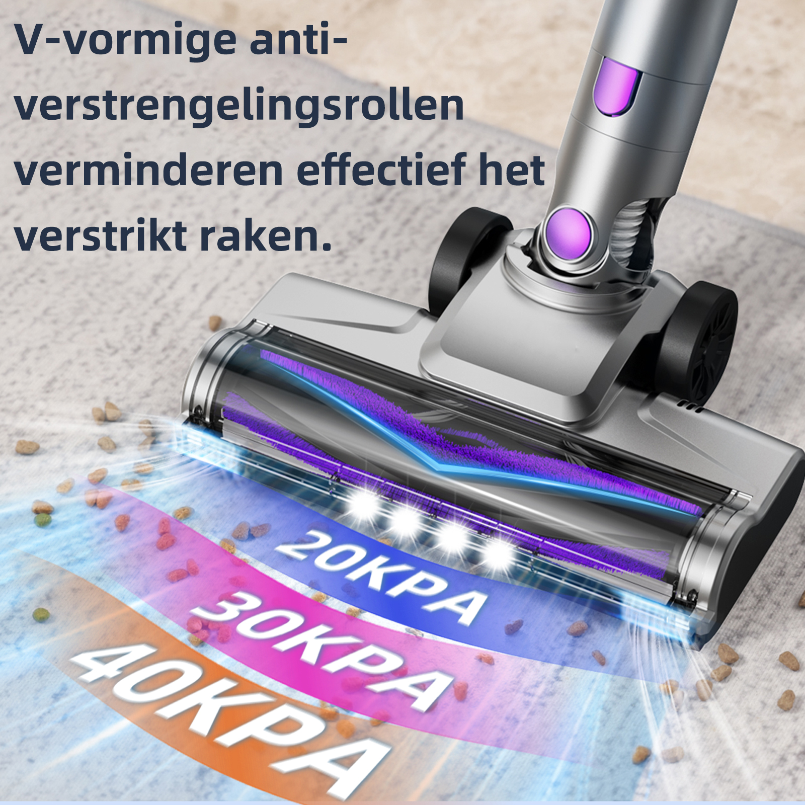 Een zilveren stofzuigerkop reinigt een tapijt met vuil. Tekst geeft 20, 30 en 40 KPA instellingen aan.