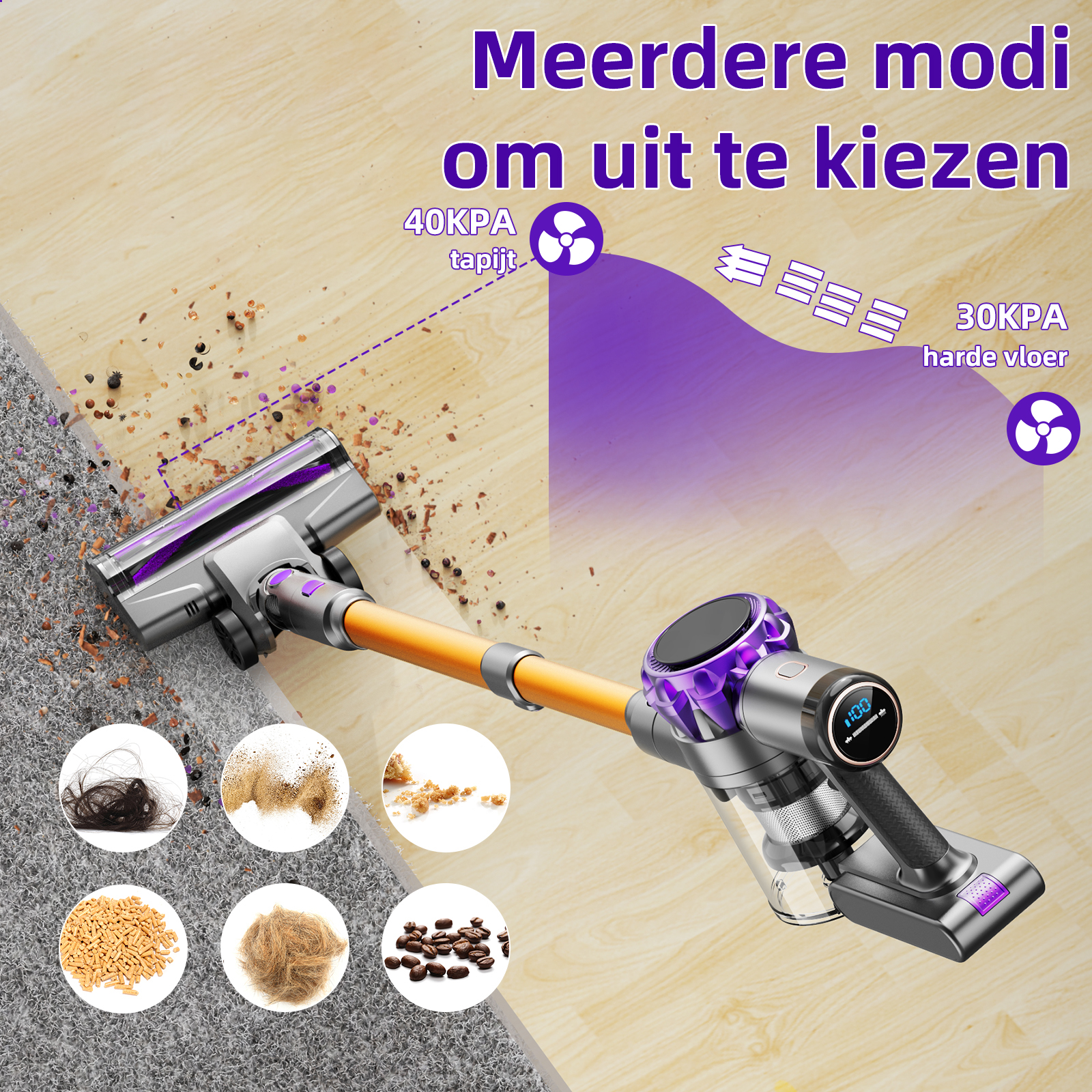 Een stofzuiger op hout en tapijt. Het toont een digitaal display en verschillende soorten vuil die opgezogen worden.