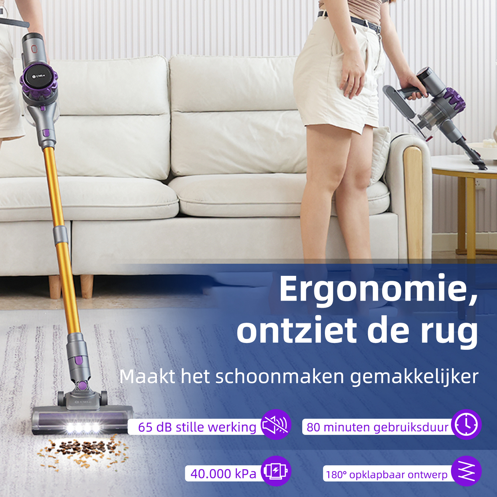 Een vrouw gebruikt een draadloze stofzuiger op een tapijt. Tekst toont kenmerken: stil, duurzaam, krachtig en opvouwbaar.
