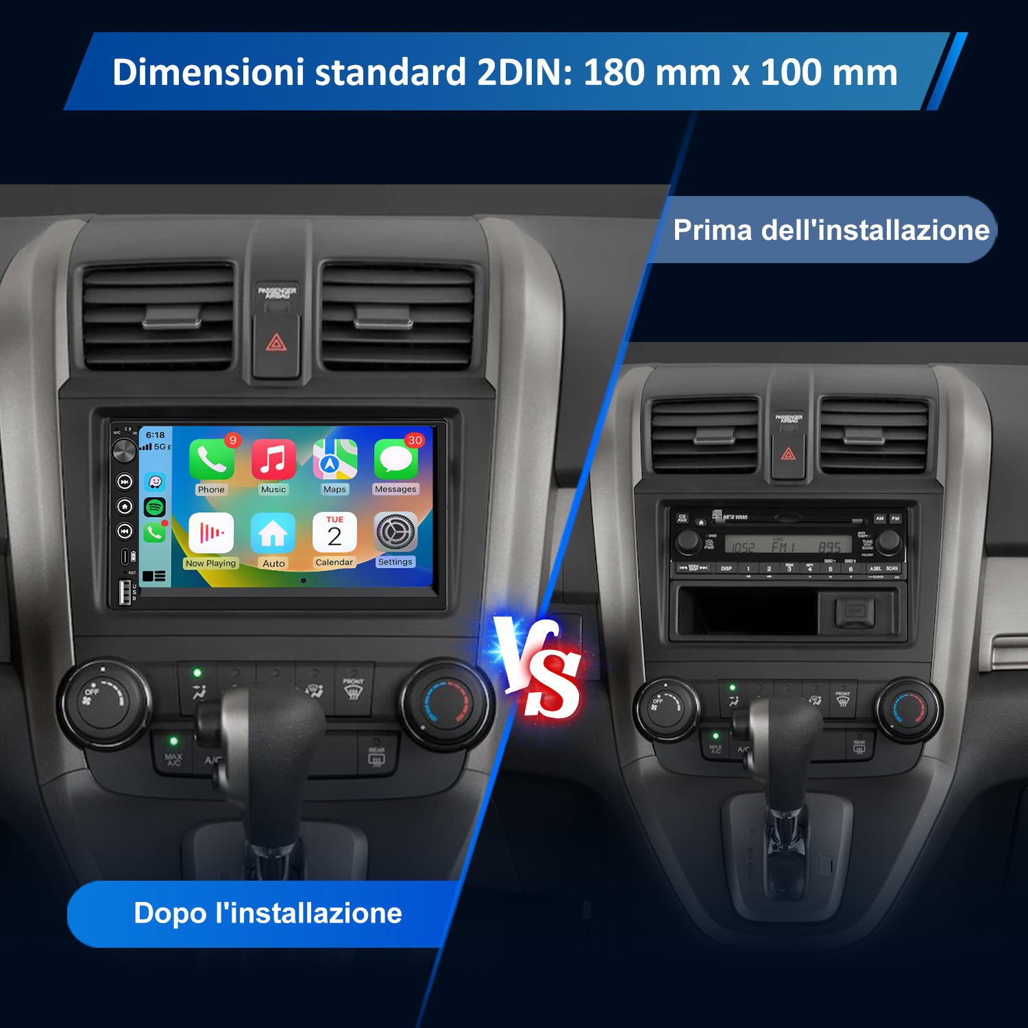Confronto cruscotto auto: vecchia radio a destra, nuovo schermo a sinistra, etichette in italiano. Mostra prima e dopo l'installazione.