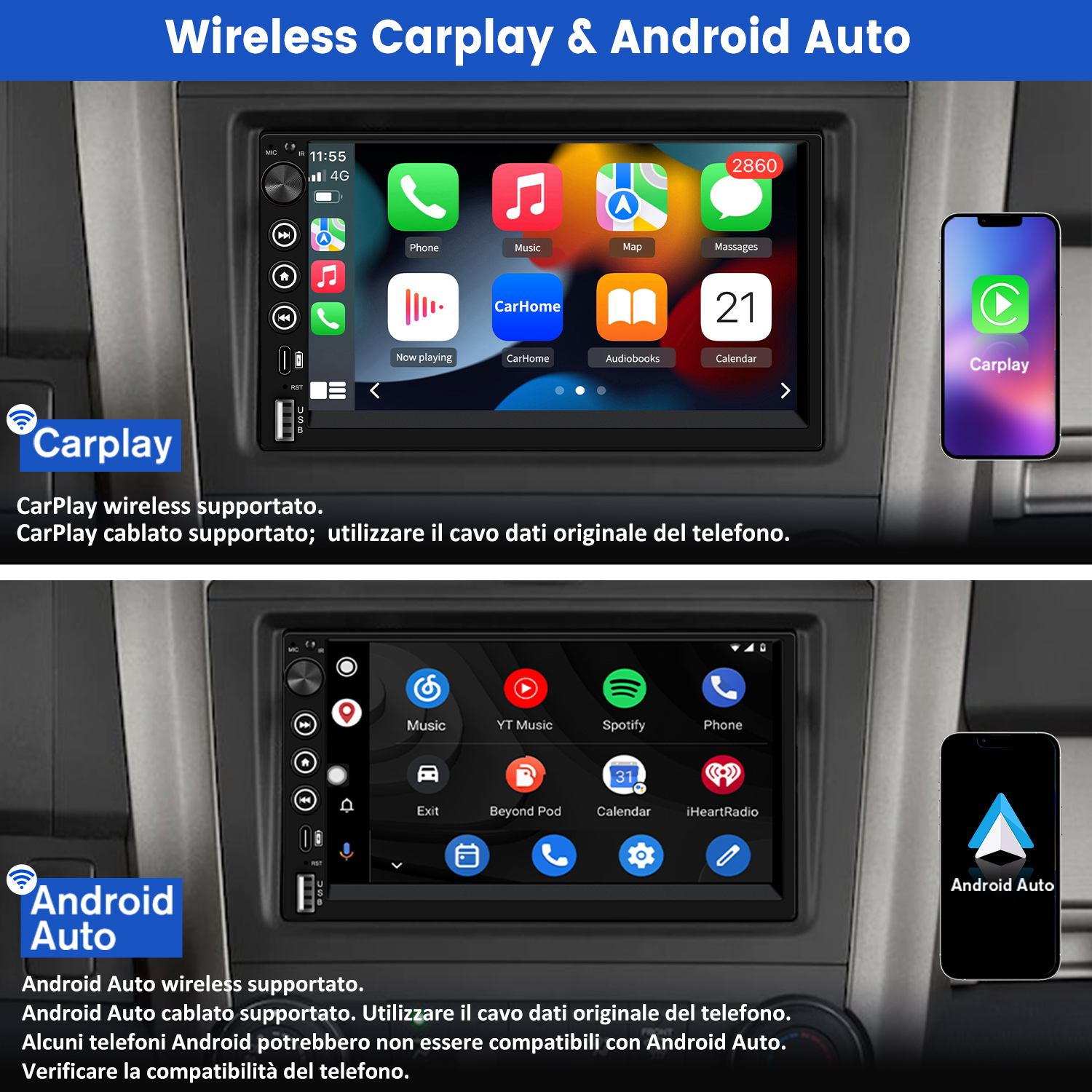 Schermo autoradio con CarPlay e Android Auto, più telefoni con le stesse app.