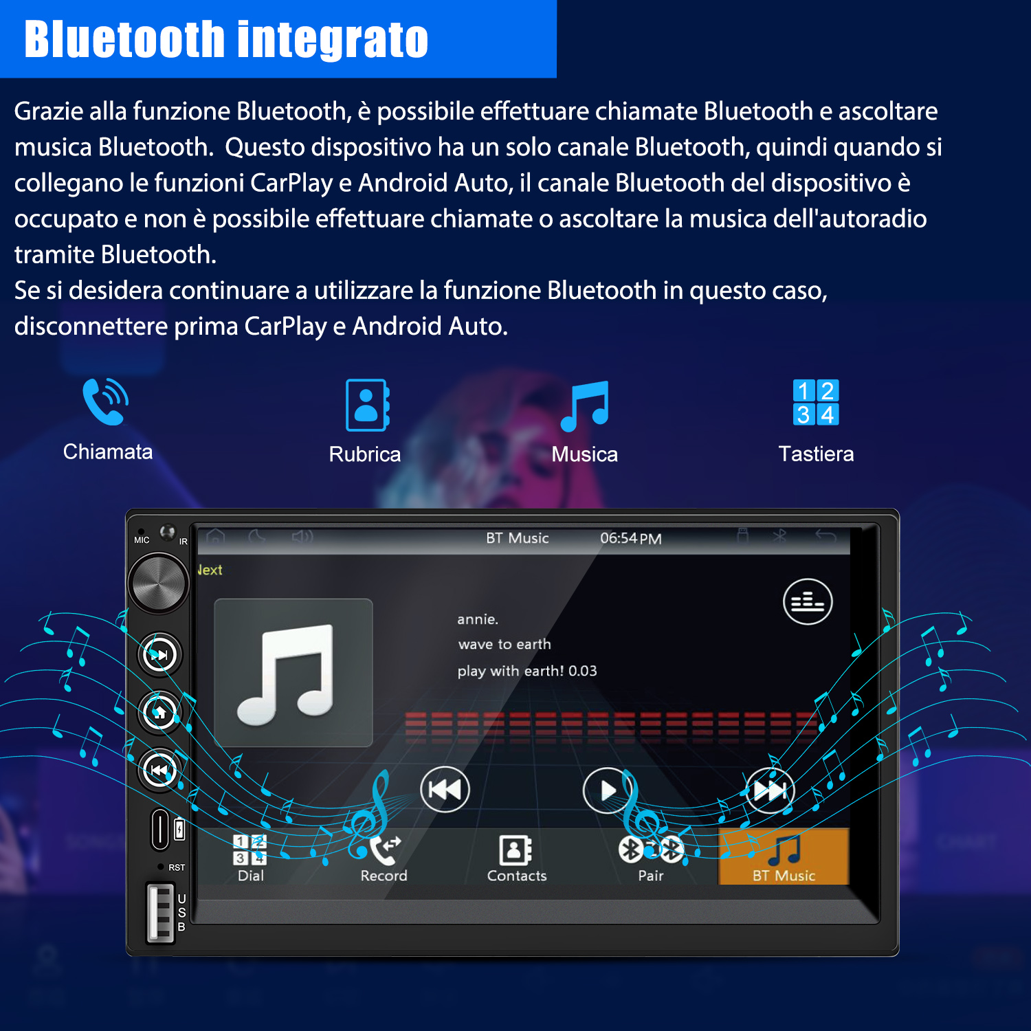 Autoradio con schermo che mostra i controlli musicali. Lo schermo mostra informazioni sulla canzone, pulsanti e note musicali.