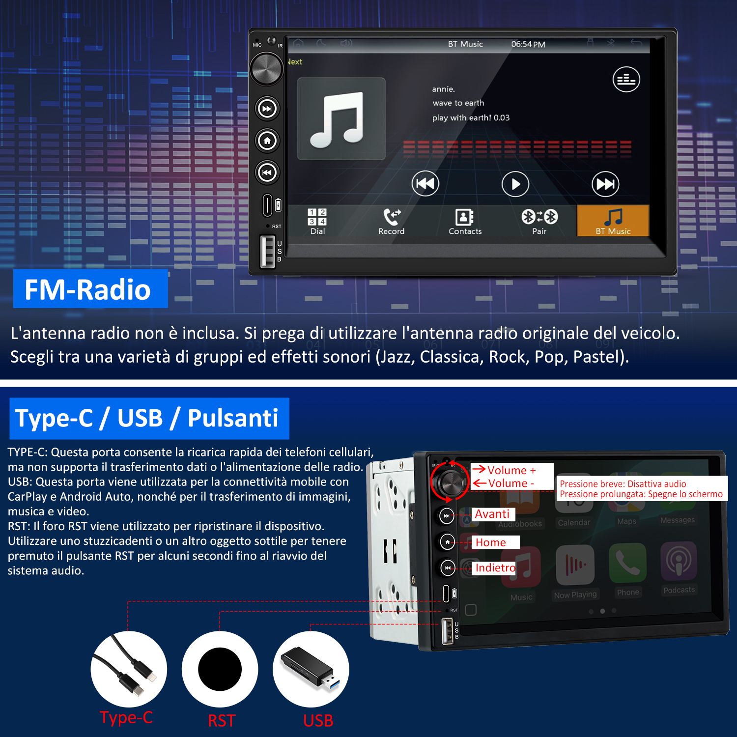 Schermo audio per auto con controlli musicali, pulsanti e porte. Lo schermo mostra informazioni musicali e vari pulsanti di funzione.